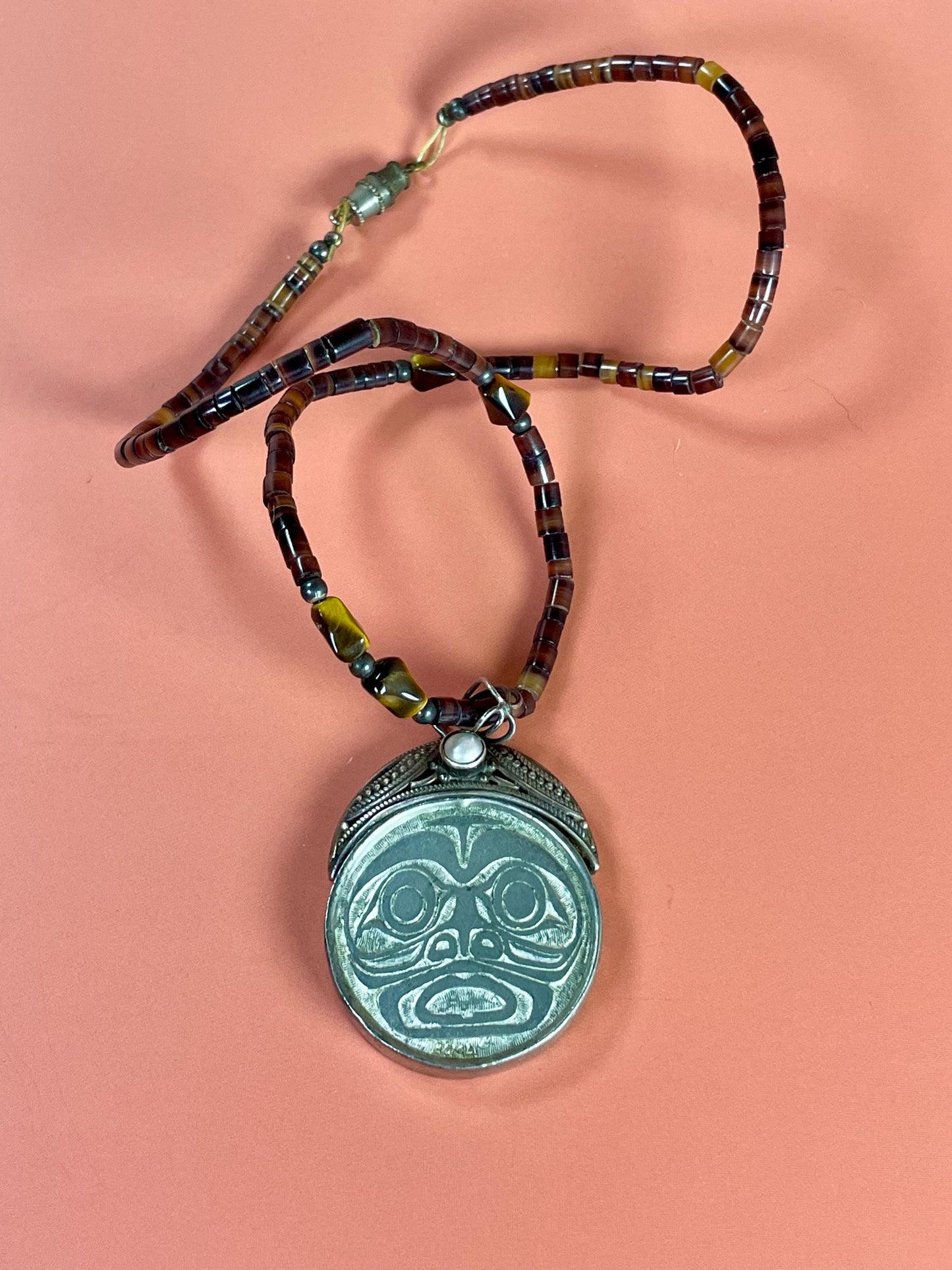 Native First Nations Sterling Silver and Beaded Pendant Necklace