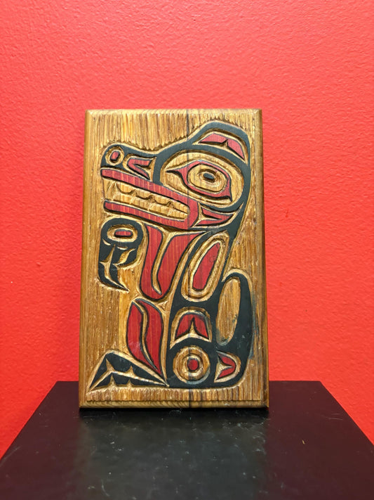Lovely indigenous first nation pacific  north Northwest coast signed Wolf plaque  needs hanger  great detail and colour 8 x 5