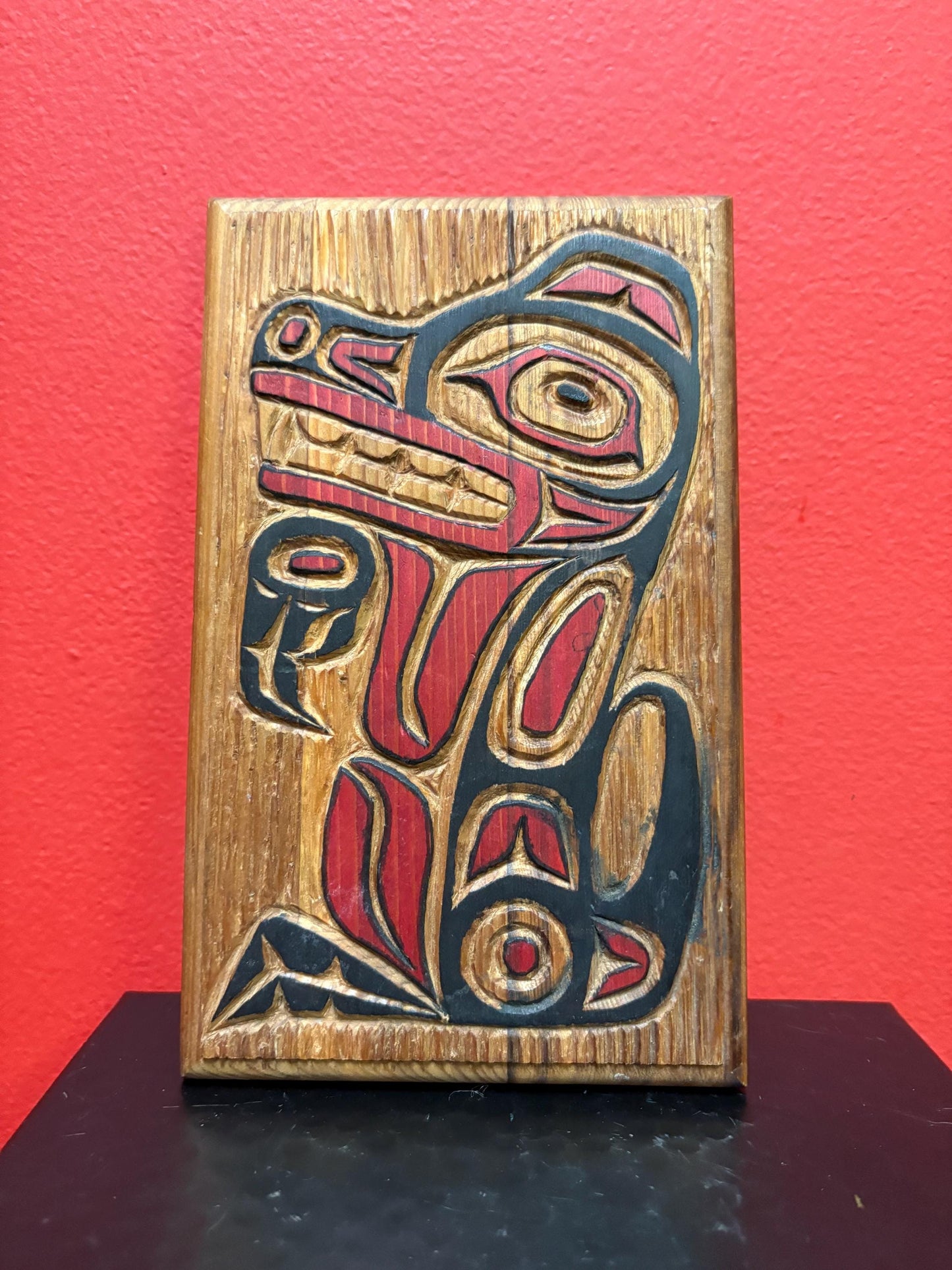 Lovely indigenous first nation pacific  north Northwest coast signed Wolf plaque  needs hanger  great detail and colour 8 x 5