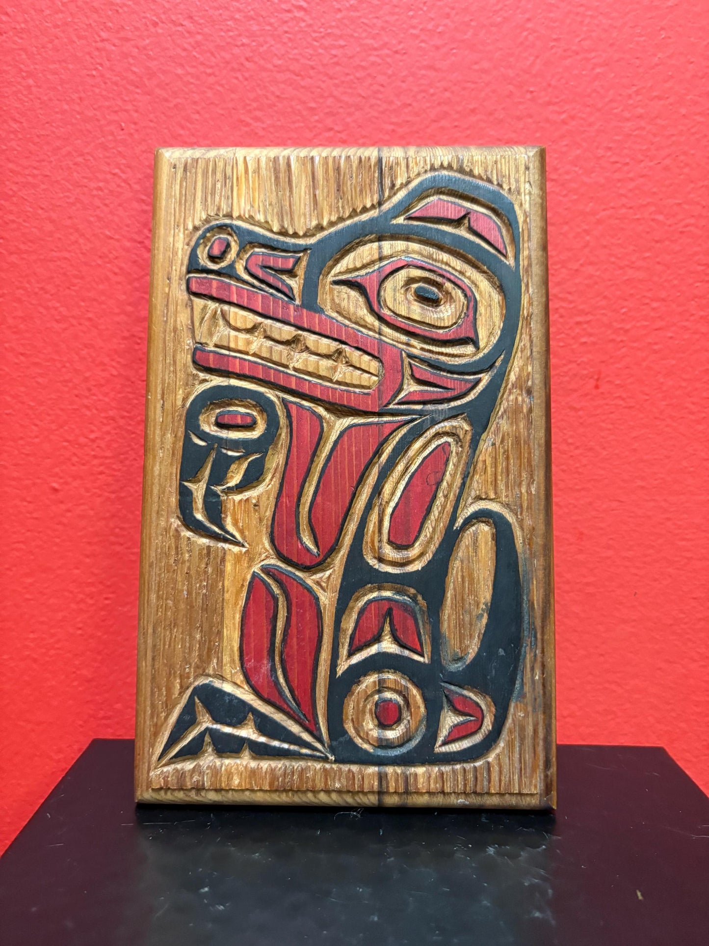 Lovely indigenous first nation pacific  north Northwest coast signed Wolf plaque  needs hanger  great detail and colour 8 x 5