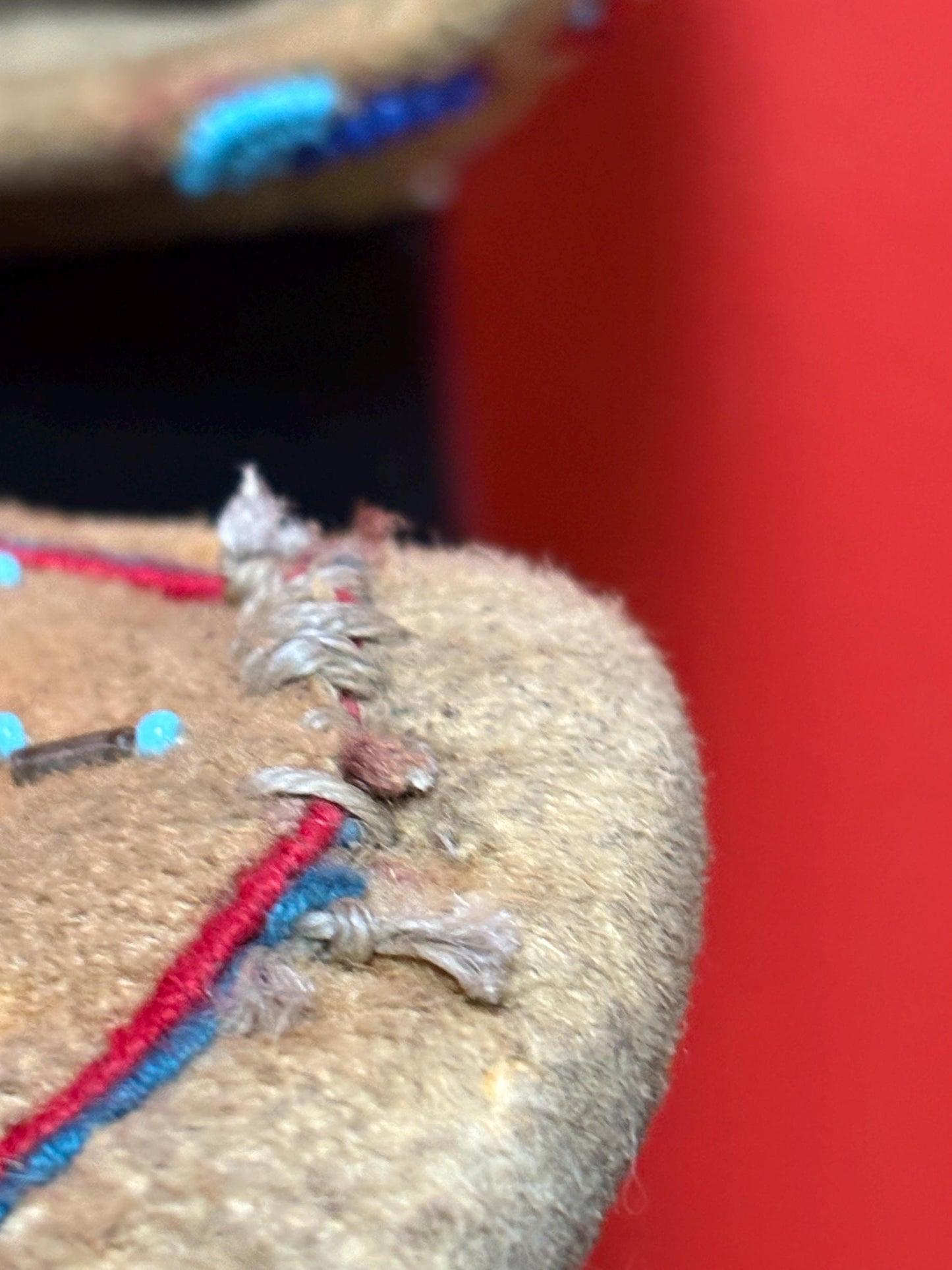 Lovely 9 1/2 x 3 1/2 x 2 1/2 high indigenous first nation Cree  coast leather and beaded moccasins antique beauties - Great condition