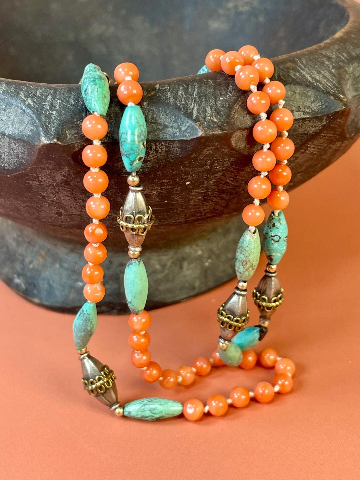 Antique Chinese Silver Coral and Turquoise Necklace