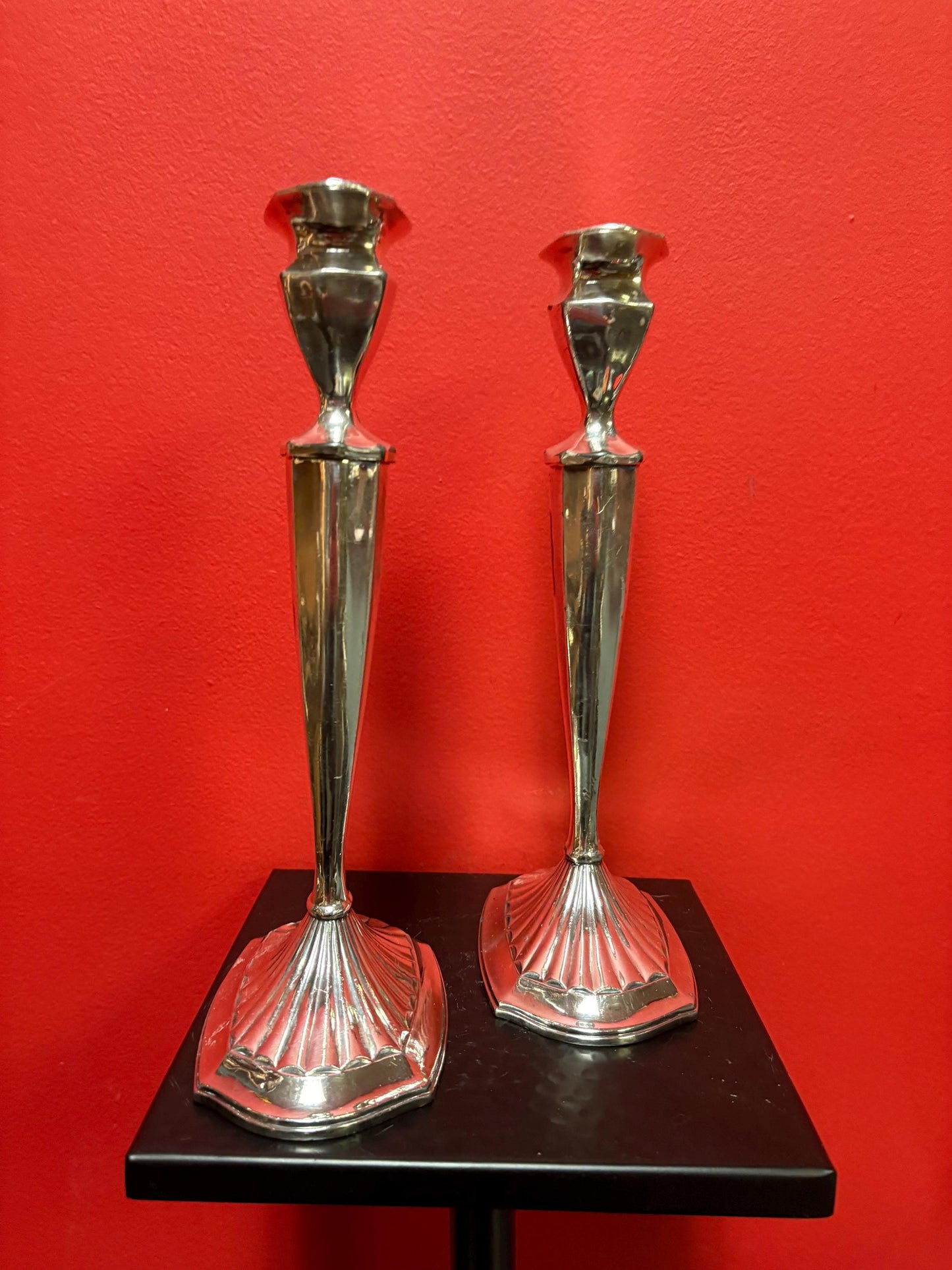 Lovely English silver plated candlesticks 10 inches tall not perfect and great value wedding gift