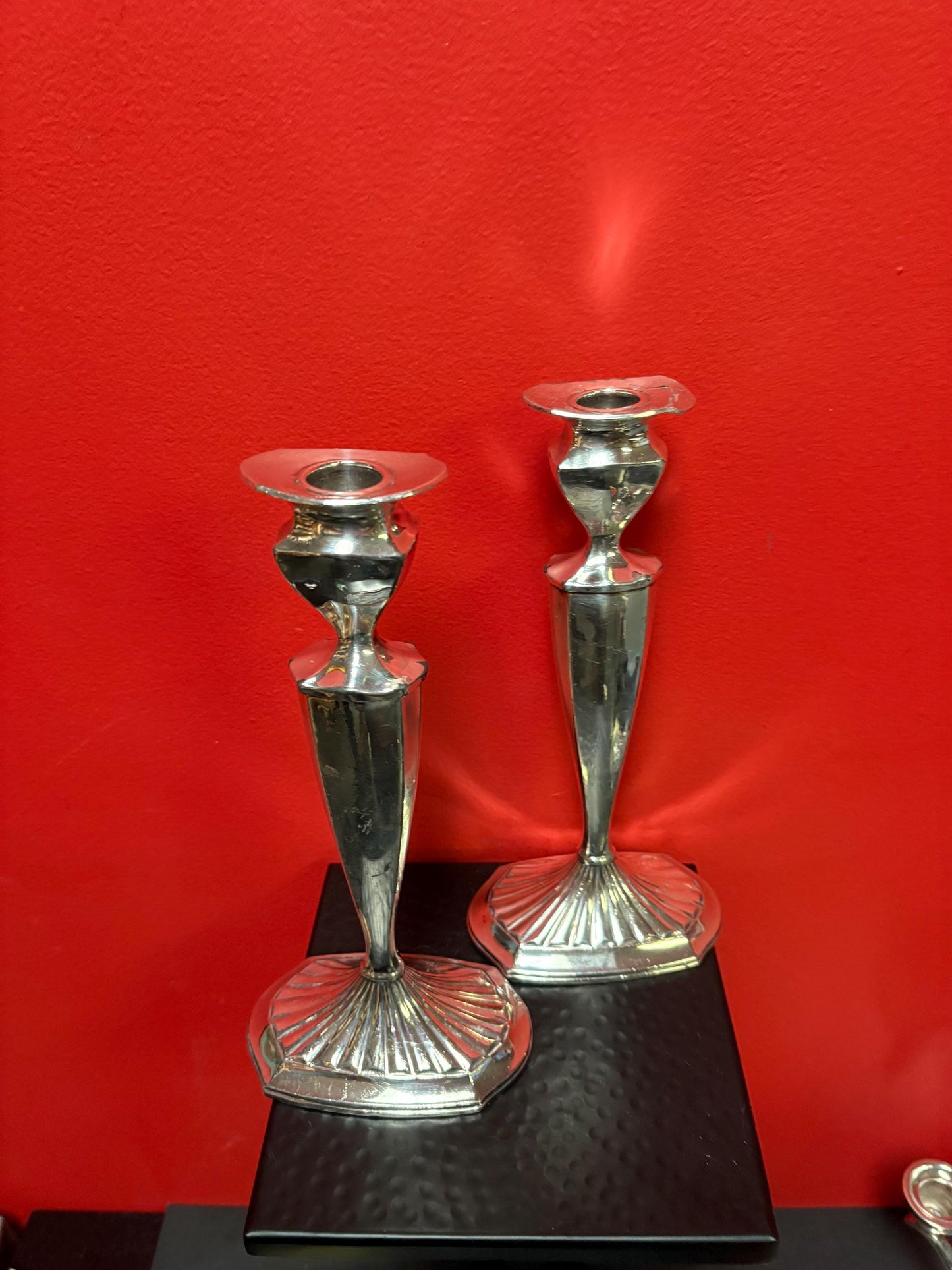 Lovely English silver plated candlesticks 10 inches tall not perfect and great value wedding gift