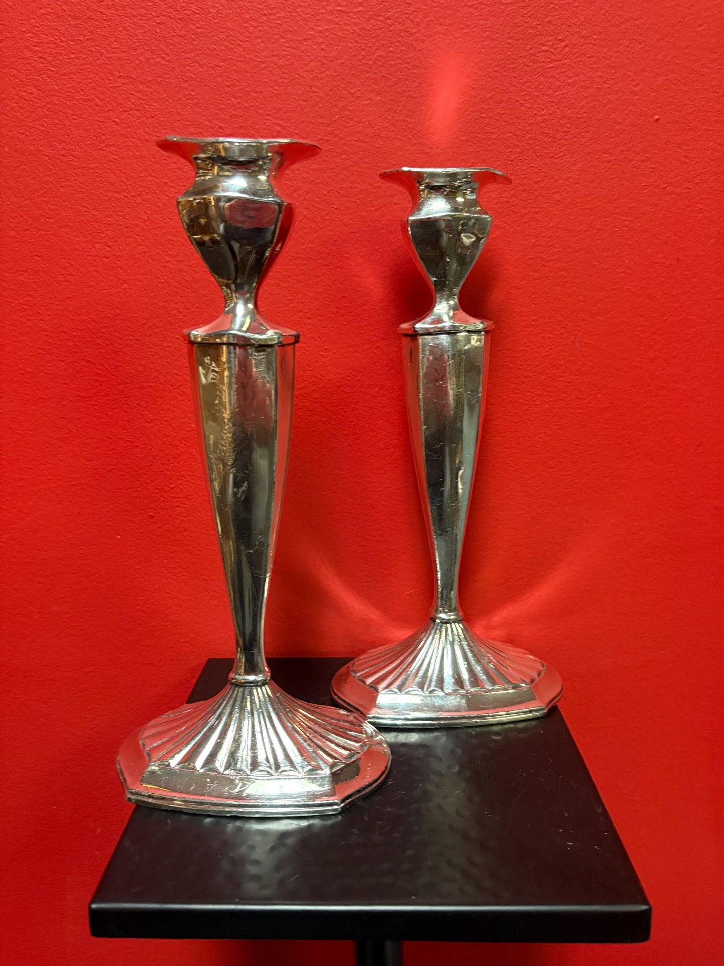Lovely English silver plated candlesticks 10 inches tall not perfect and great value wedding gift
