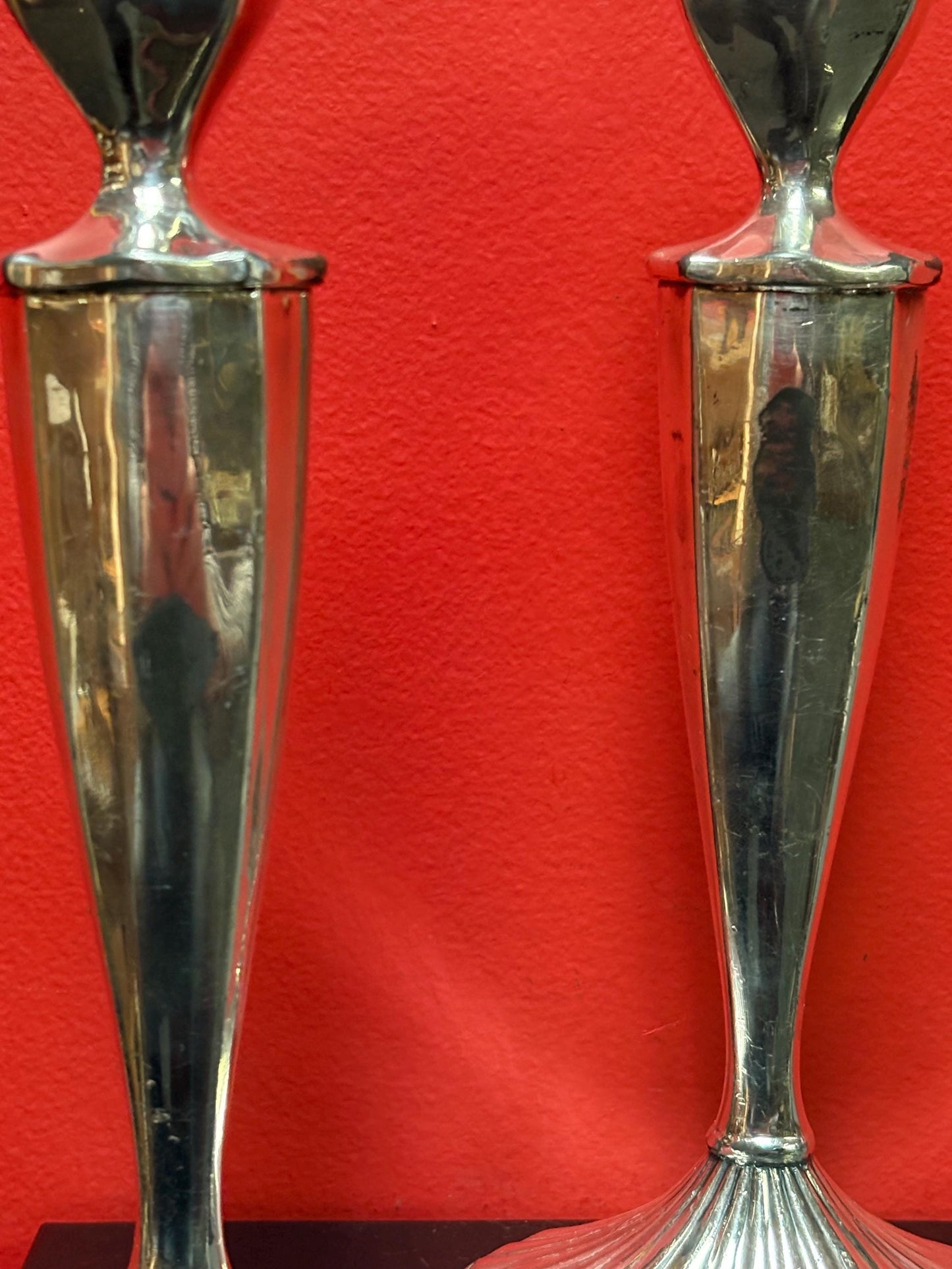 Lovely English silver plated candlesticks 10 inches tall not perfect and great value wedding gift