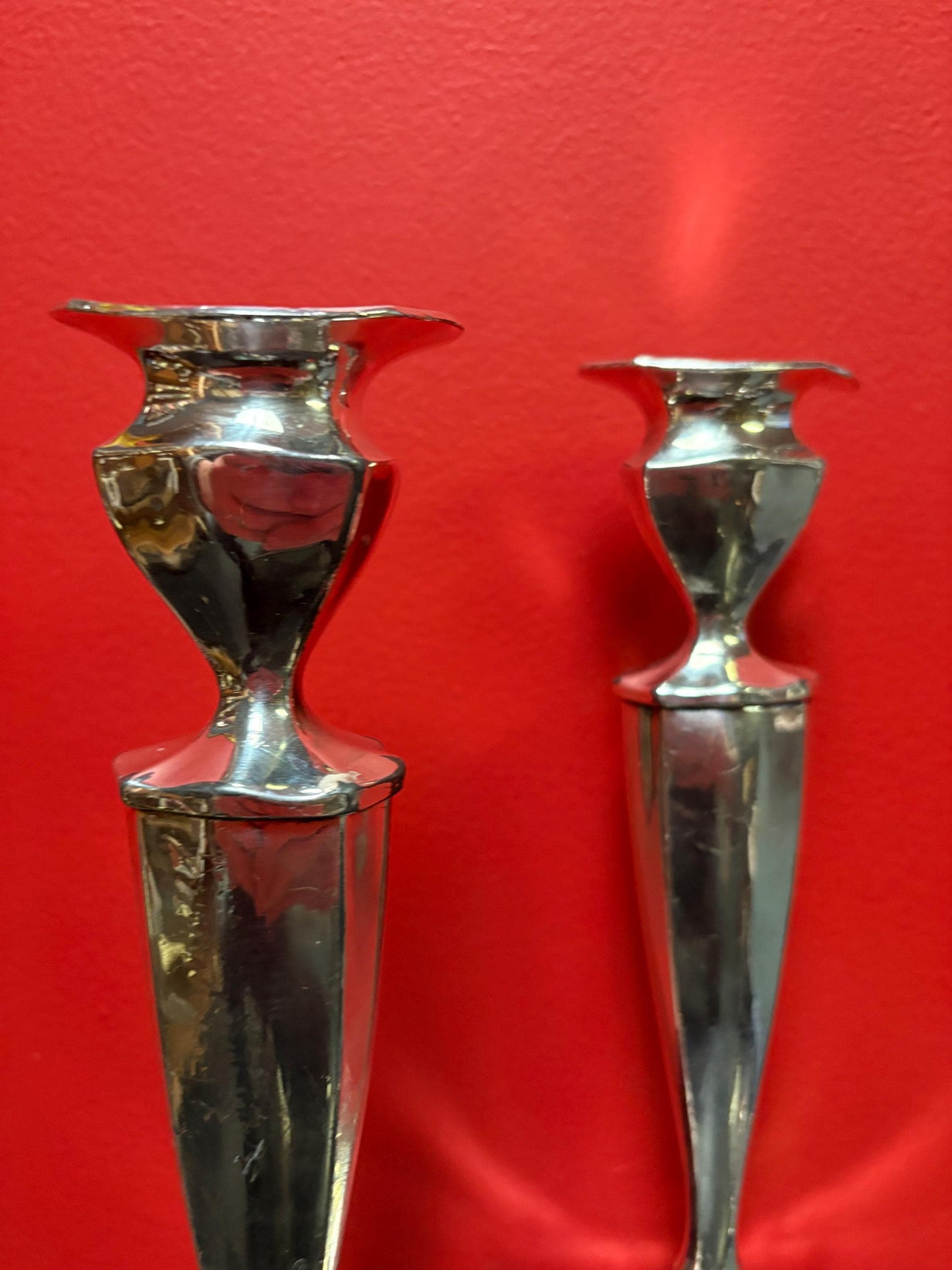Lovely English silver plated candlesticks 10 inches tall not perfect and great value wedding gift