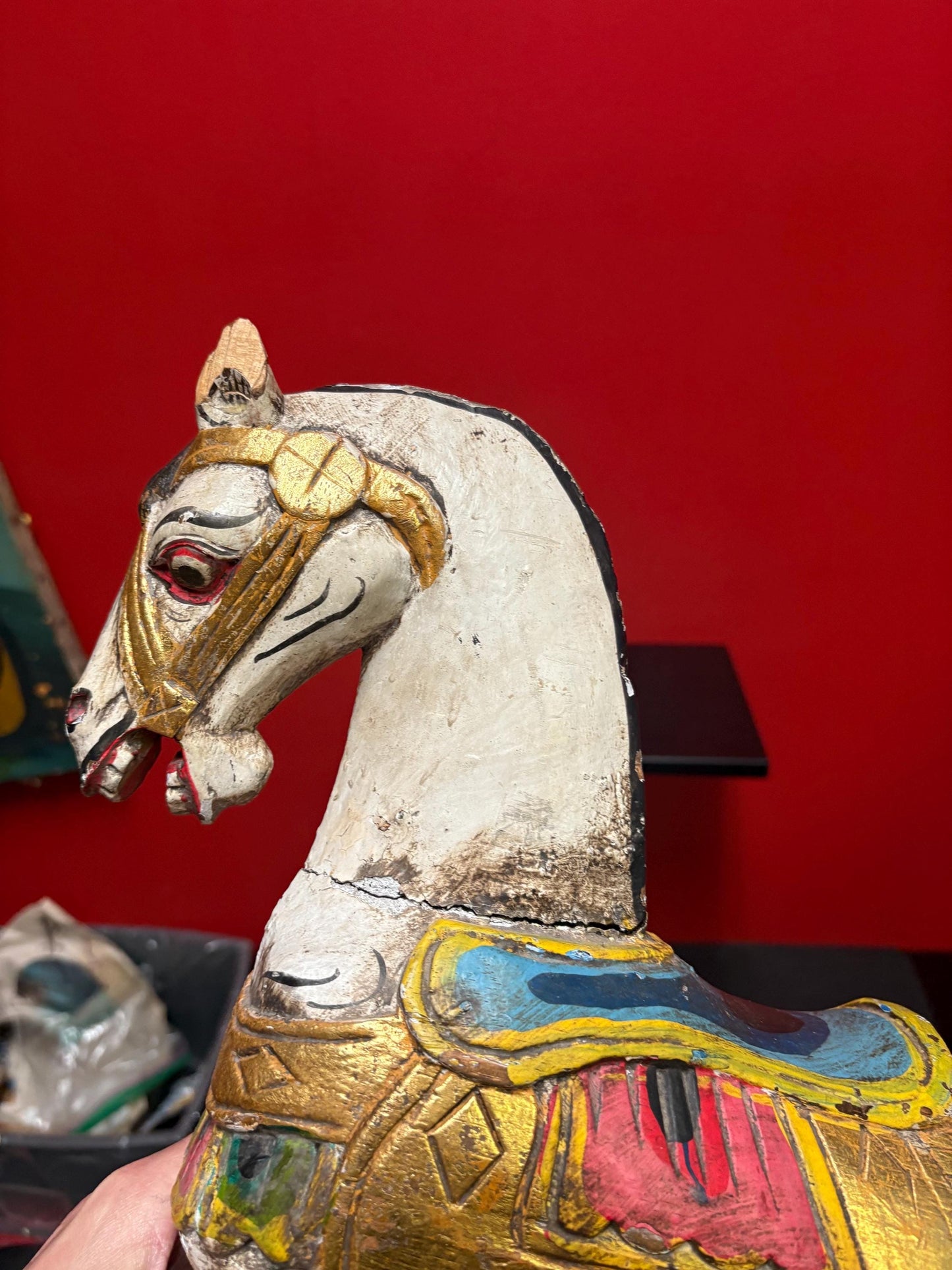 19 x 21“ high antique primitive wooden polychrome painted rocking horse in used condition see photos perfect home or cabin decor