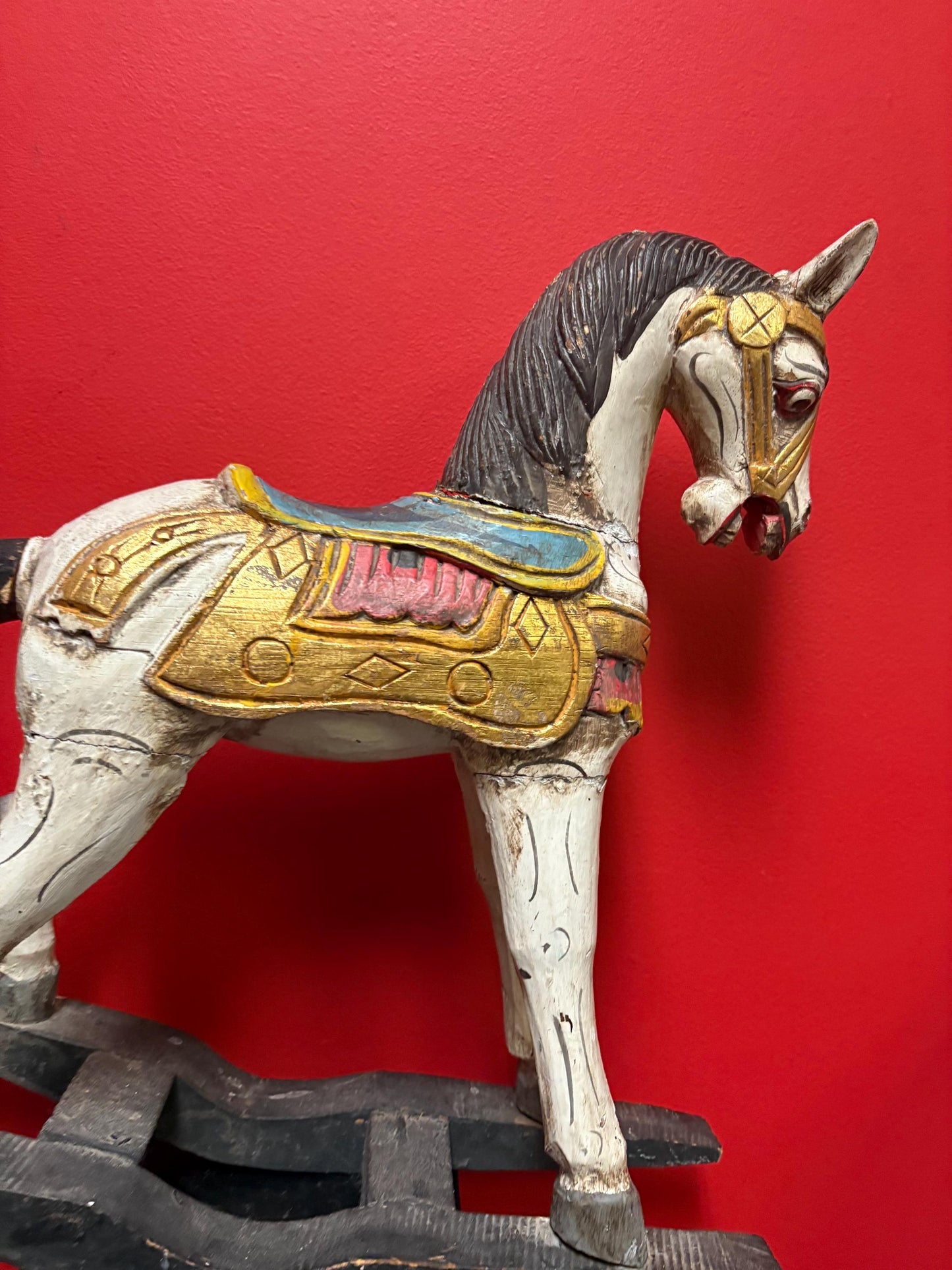 19 x 21“ high antique primitive wooden polychrome painted rocking horse in used condition see photos perfect home or cabin decor