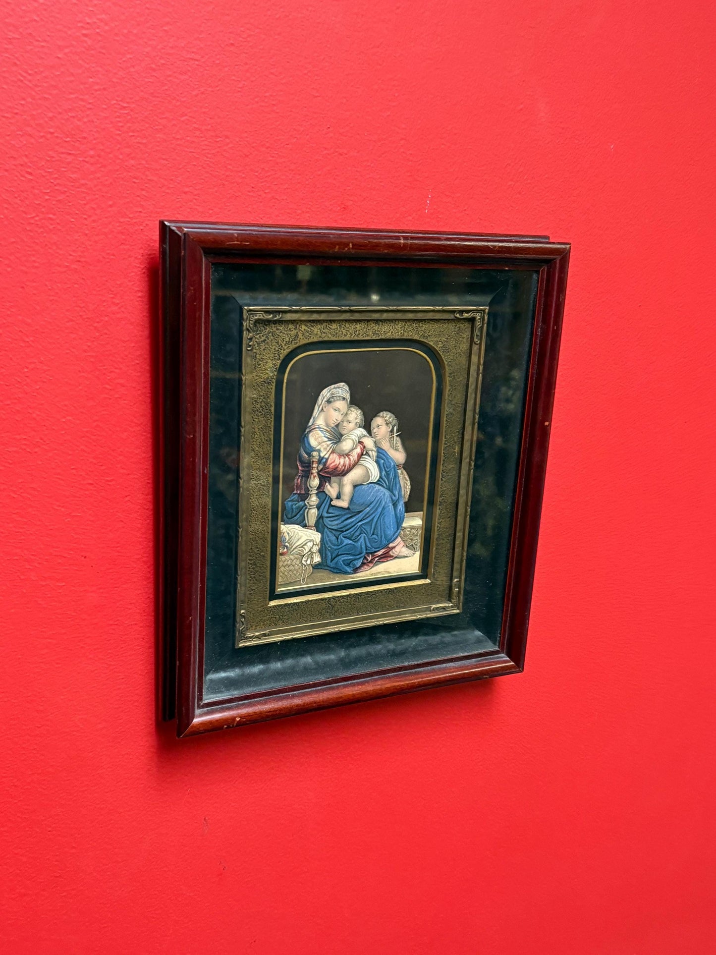 Stunning authentic English Baxter print in wonderful GILT and mahogany frame - the holy family by Rafael 11 x 9.5- religious Baxter print