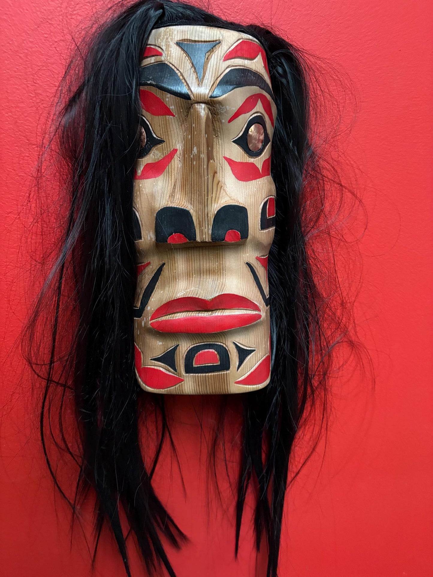 Stunning 13 x 5 inch Brad Joseph Junior indigenous native pacific north Northwest Coast mask Great eyes and so much hair