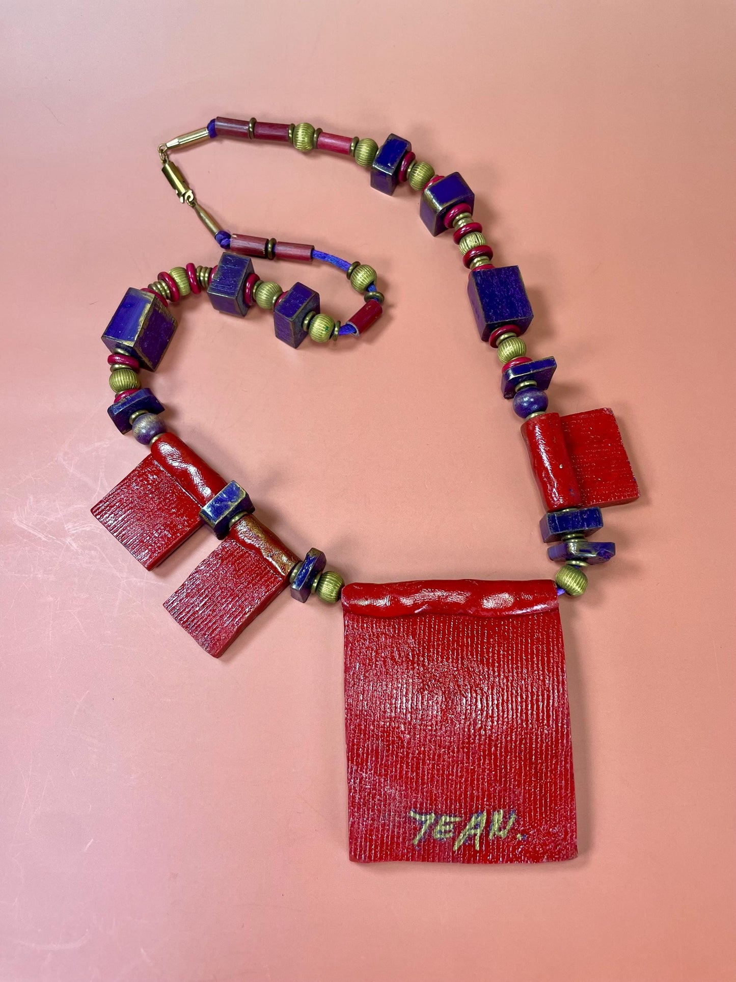 Japanese Signed MCM Wood Lacquer and Bead necklace cool gift, great value