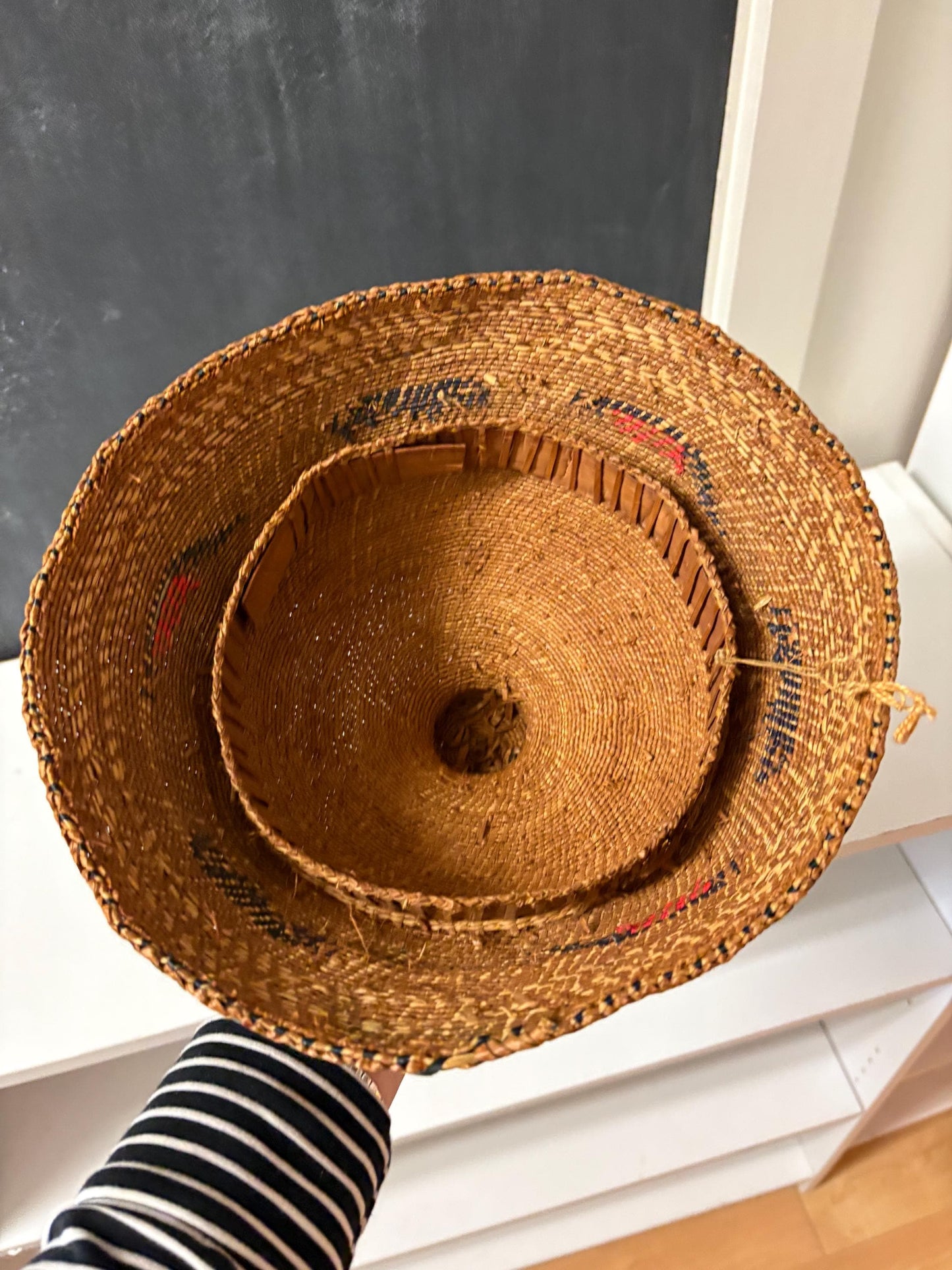 Very rare antique 10 x 8 high indigenous first nations NOOTKA womens whaling hat faded on outside great piece of Canadian history