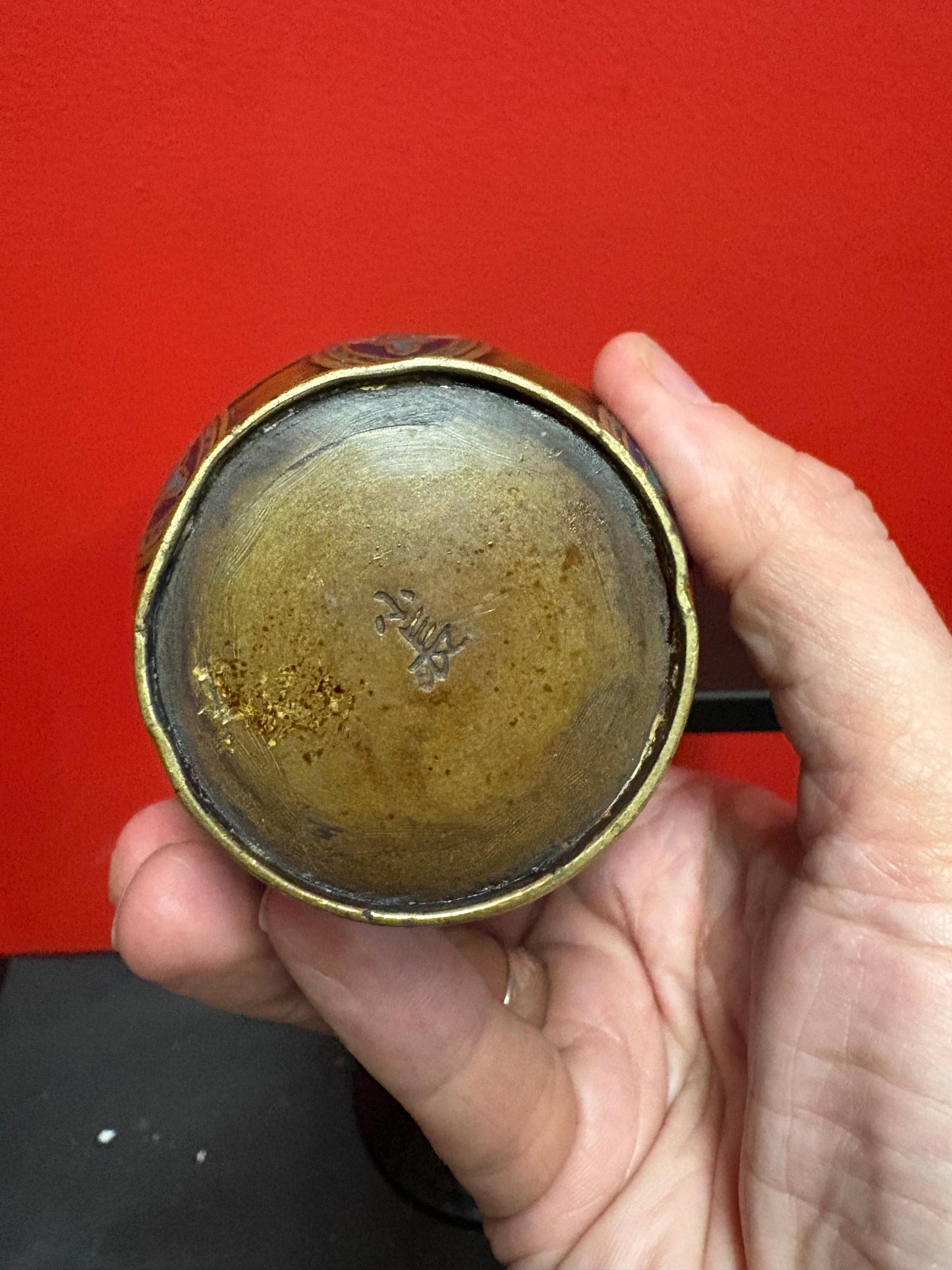 5 inch tall Chinese bronze and enamel signed vase lovely detail great condition - wow