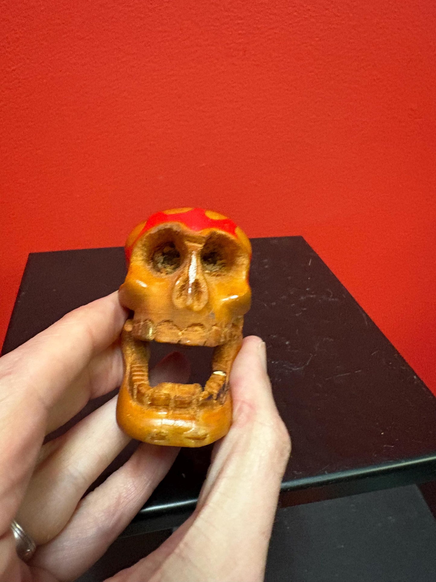 Unique beautiful 2.75 x 2.25 high flaming wood skull with reticulating jaw great gift