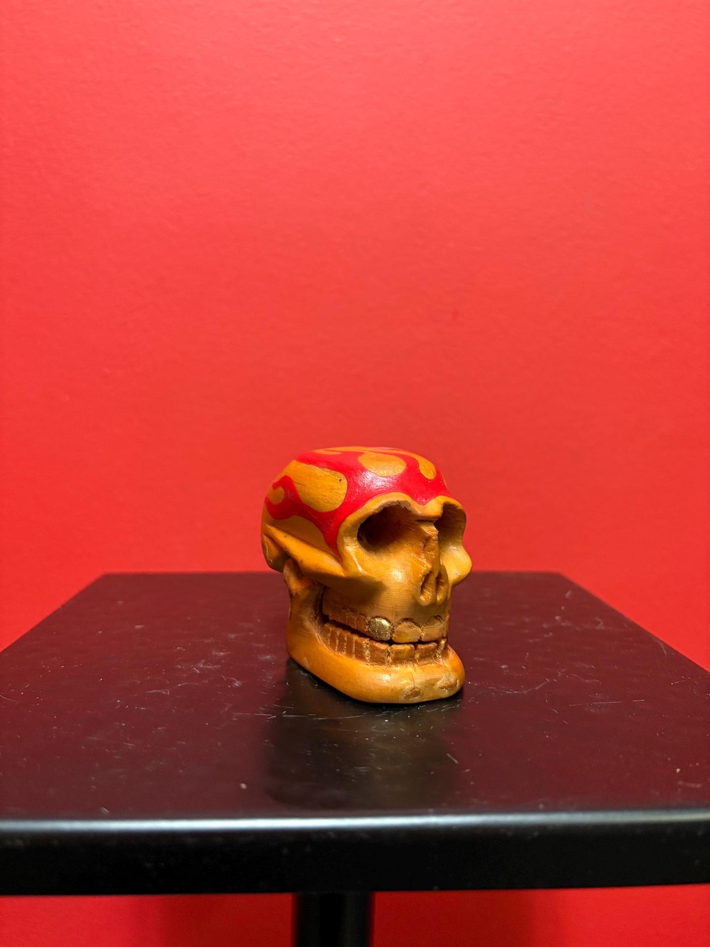Unique beautiful 2.75 x 2.25 high flaming wood skull with reticulating jaw great gift