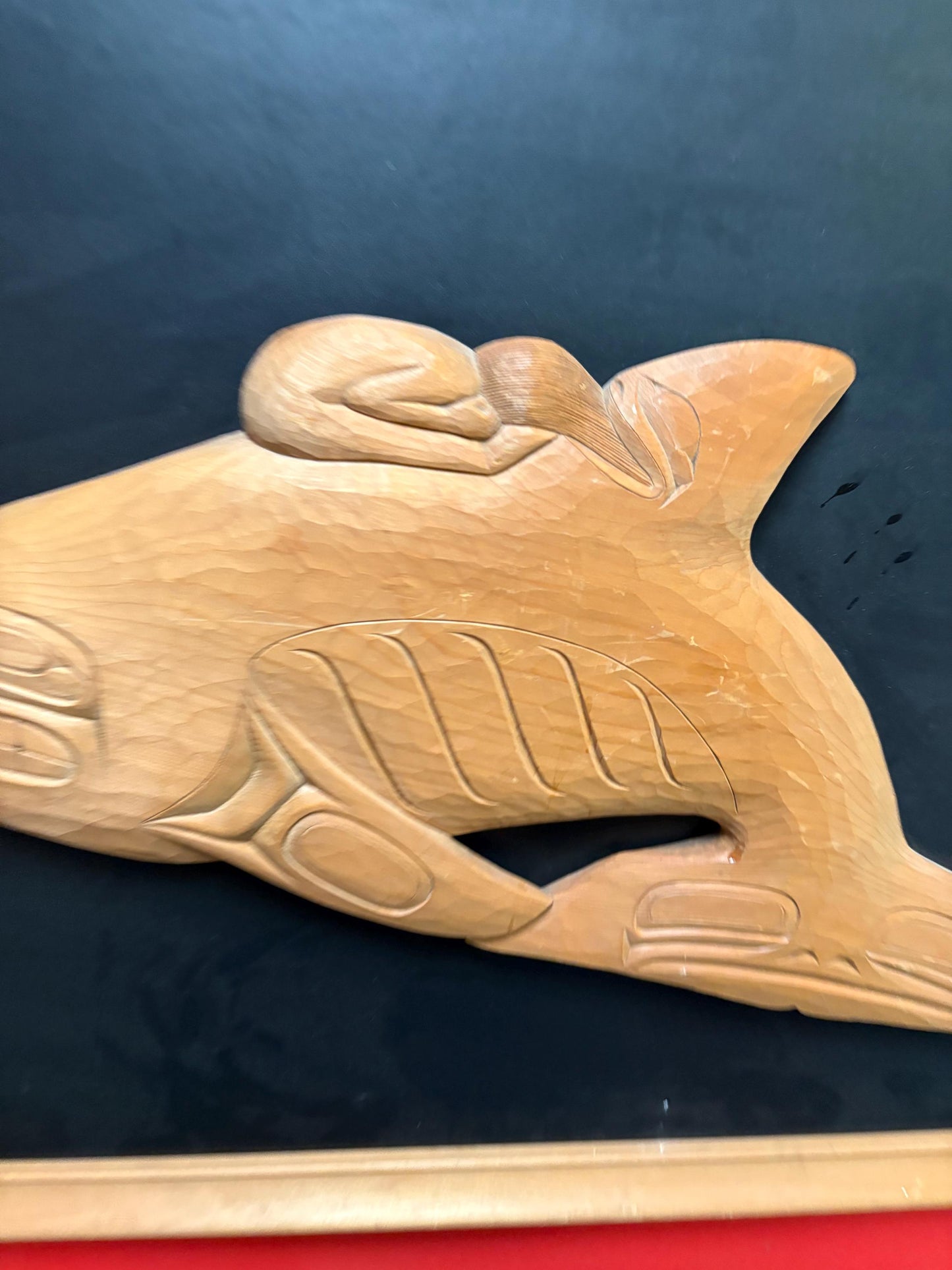 Fabulous unsigned indigenous First Nations north West Coast uniquely framed cedar killer whale and human plaque  30 by 25 inches impressive