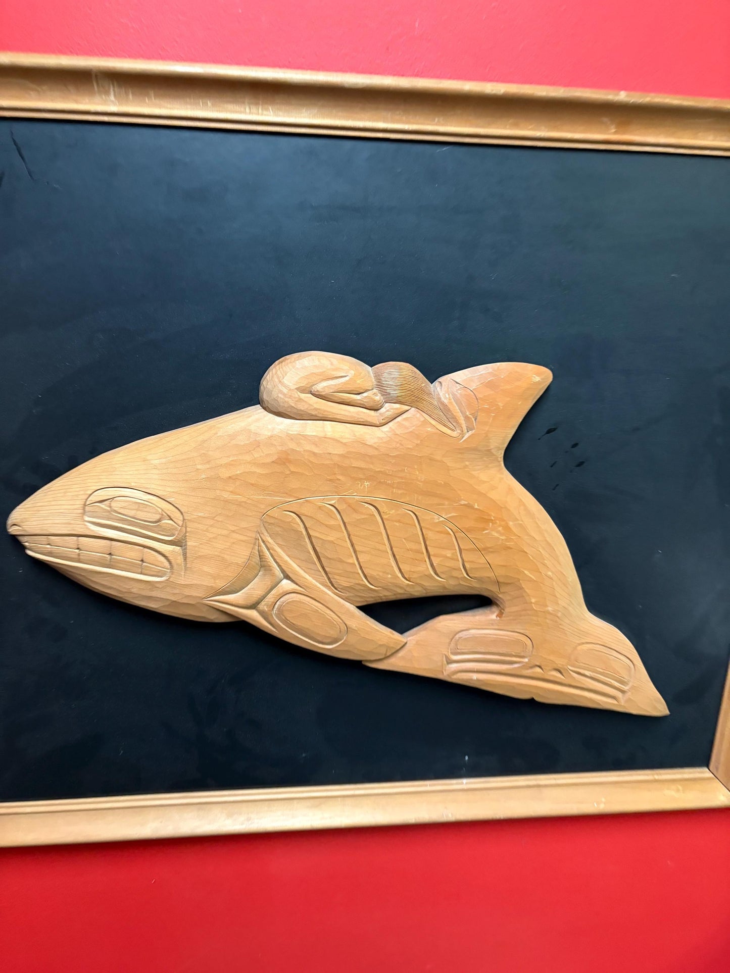 Fabulous unsigned indigenous First Nations north West Coast uniquely framed cedar killer whale and human plaque  30 by 25 inches impressive