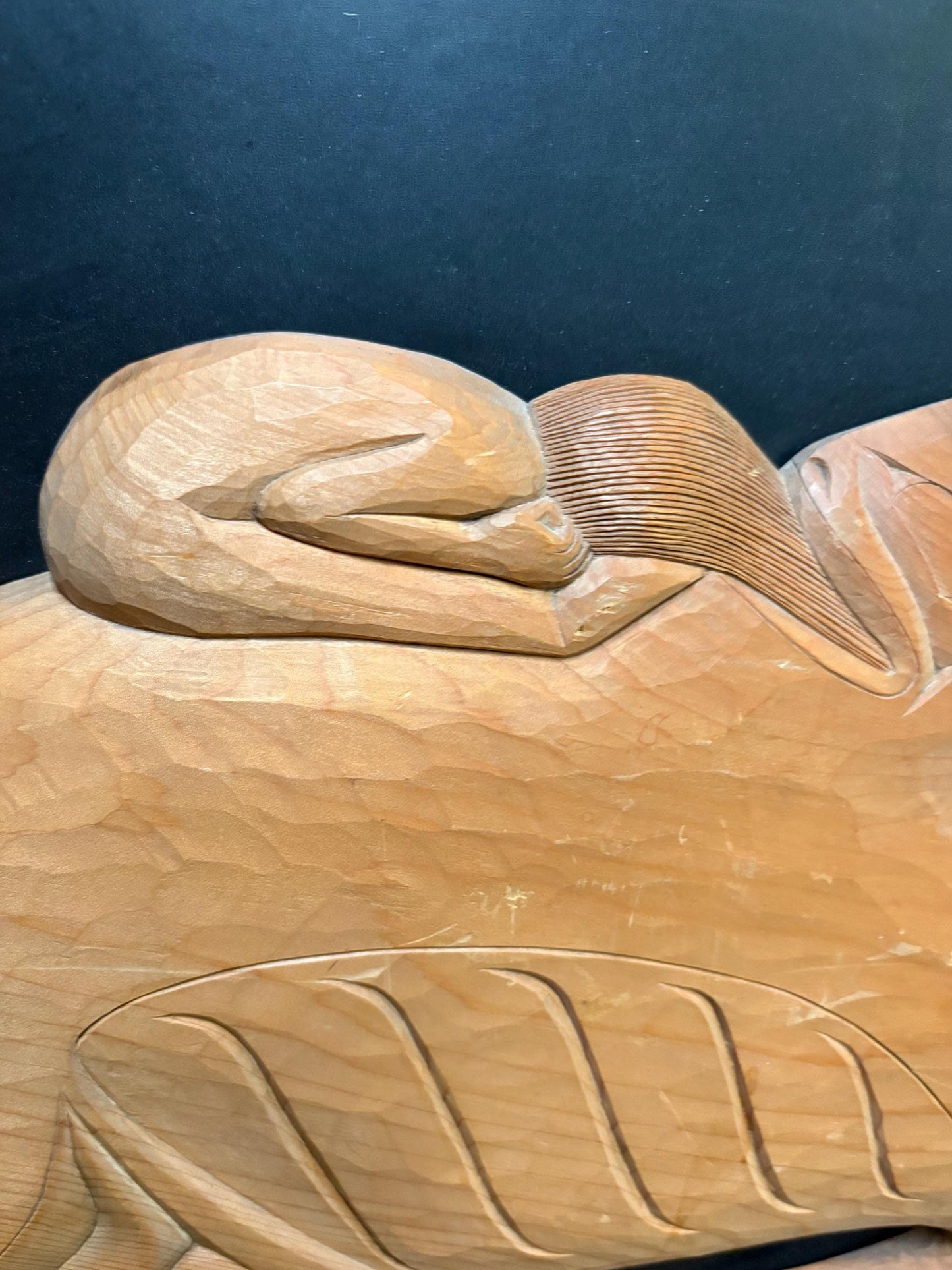 Fabulous unsigned indigenous First Nations north West Coast uniquely framed cedar killer whale and human plaque  30 by 25 inches impressive