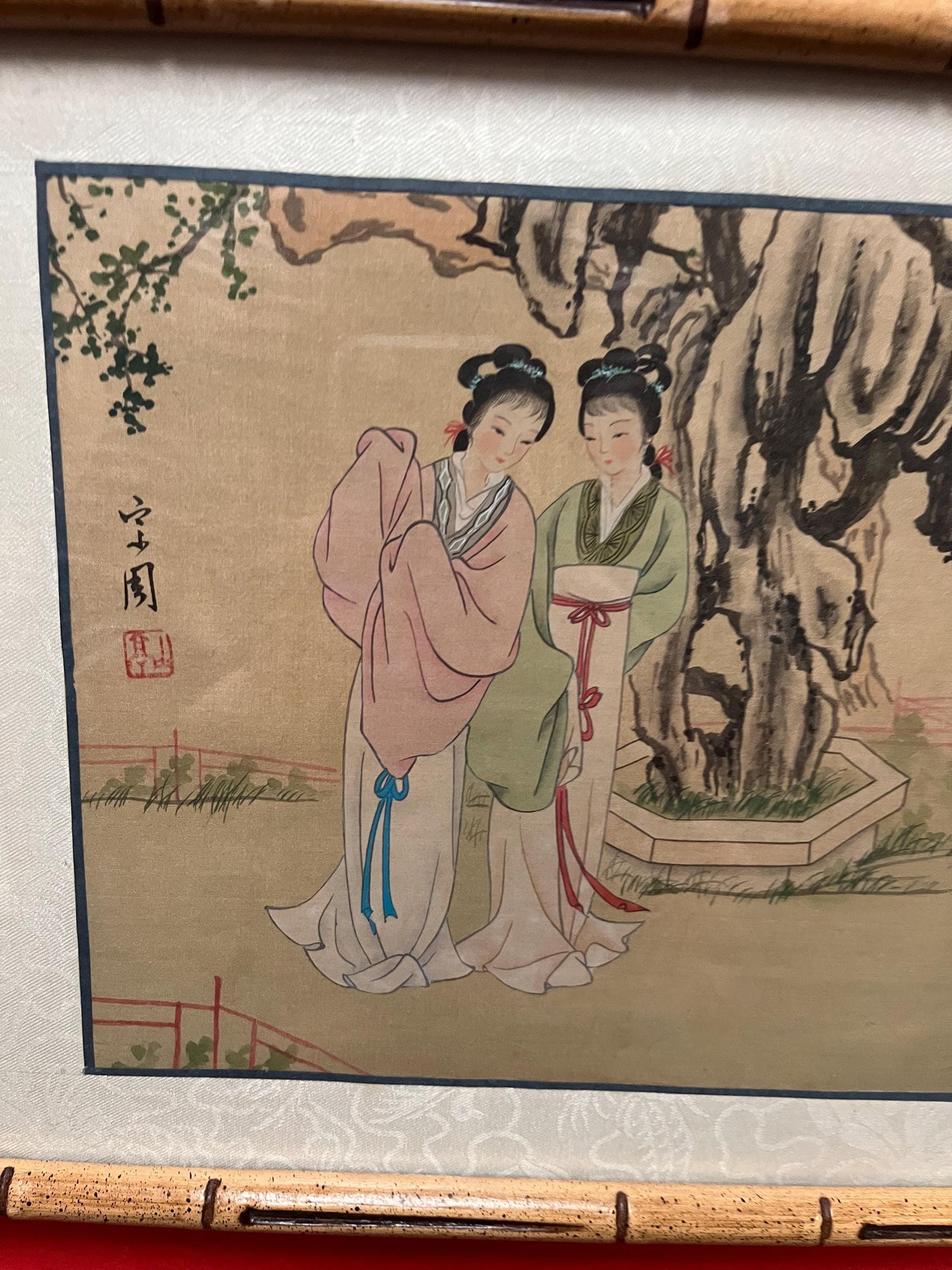 12 x 10 inch Japanese signed watercolour on linen in traditional frame- wow