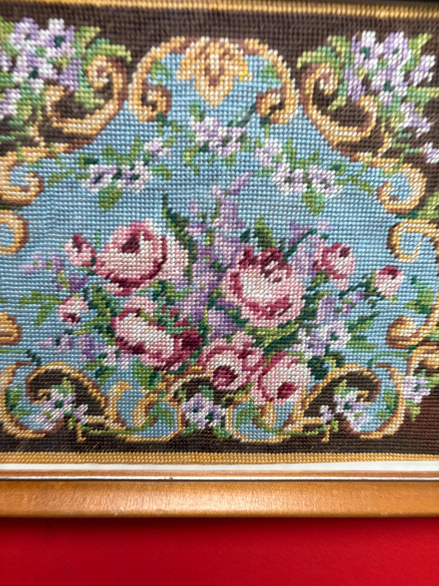Stunning antique Embroidery in wooden frame total 15 x 12 and embroidery 12 x 10 wonderful detail and great value perfect gift