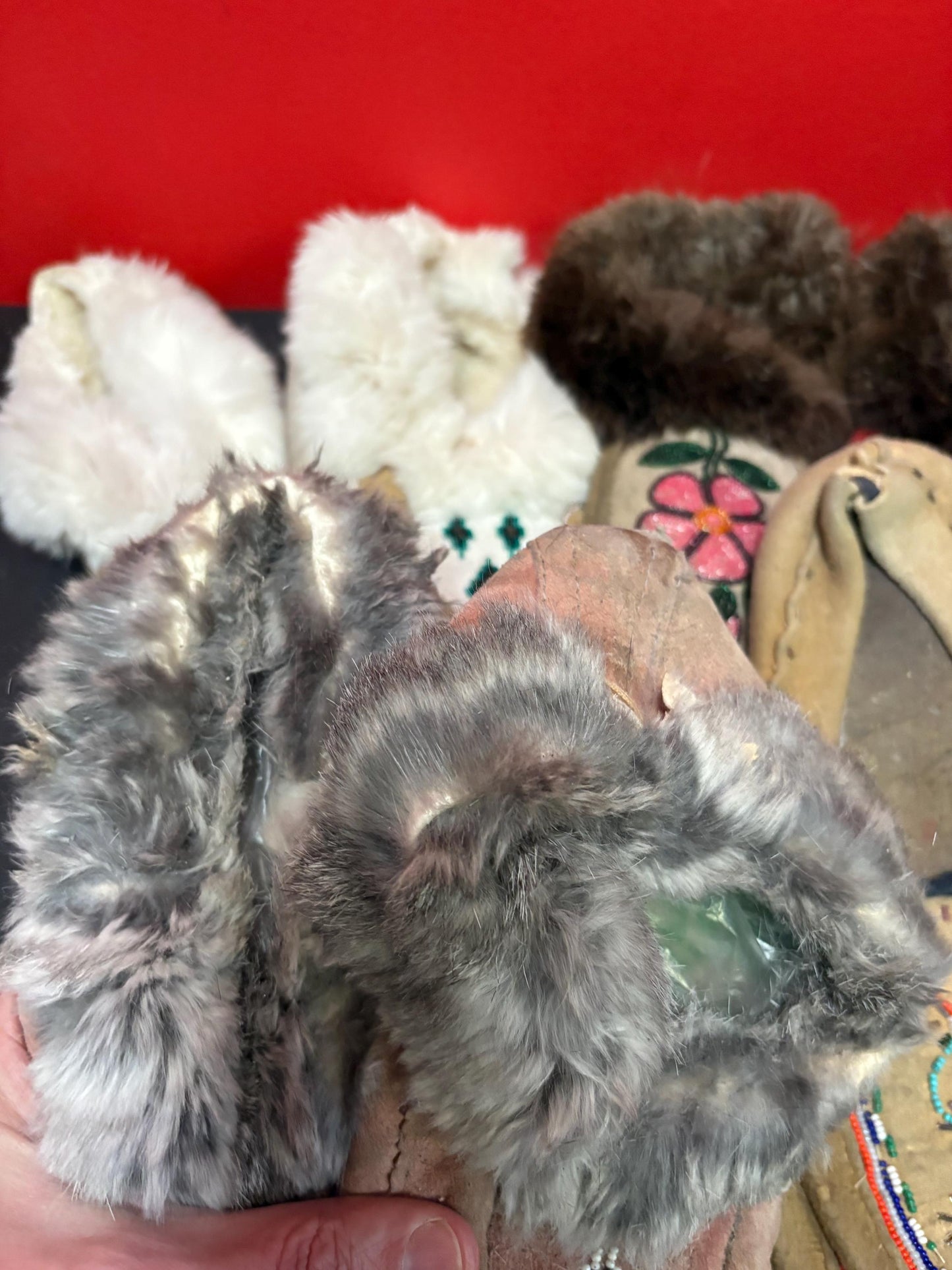 Cool lot of four pairs indigenous first nations leather and beaded moccasin shoes  all in as is condition perfect for decoration or collect