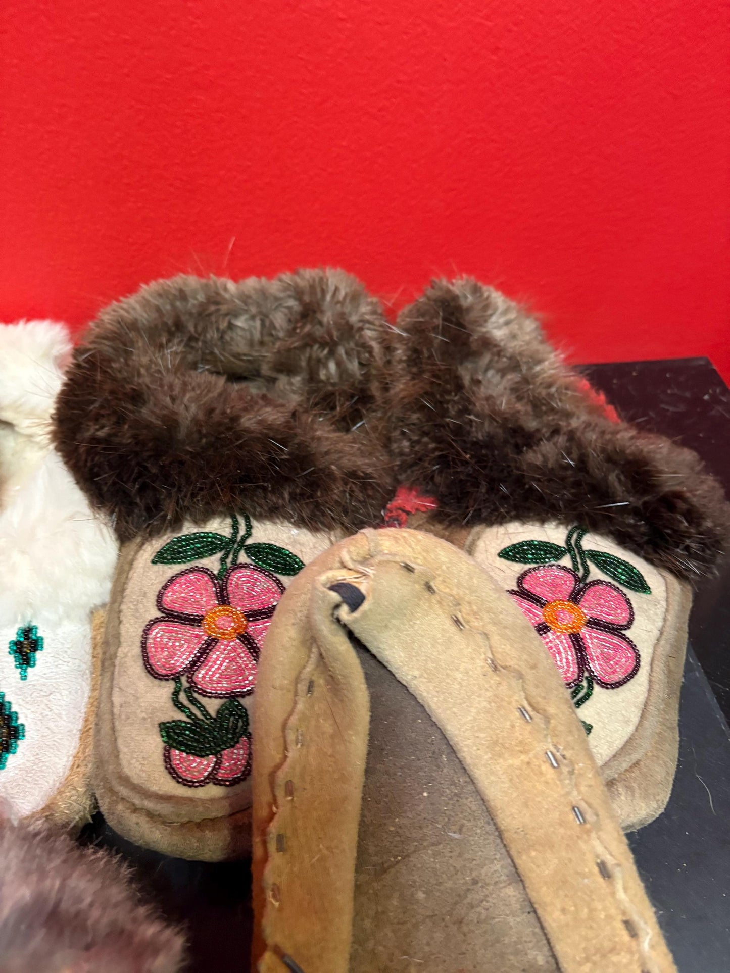 Cool lot of four pairs indigenous first nations leather and beaded moccasin shoes  all in as is condition perfect for decoration or collect