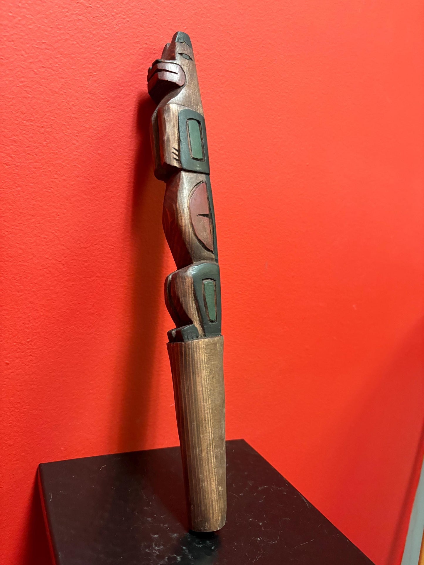 Beautiful indigenous first Pacific Northwest Coast 14 inch talking stick by Frank and Dora Frenchie Vancouver Island bear symbolism