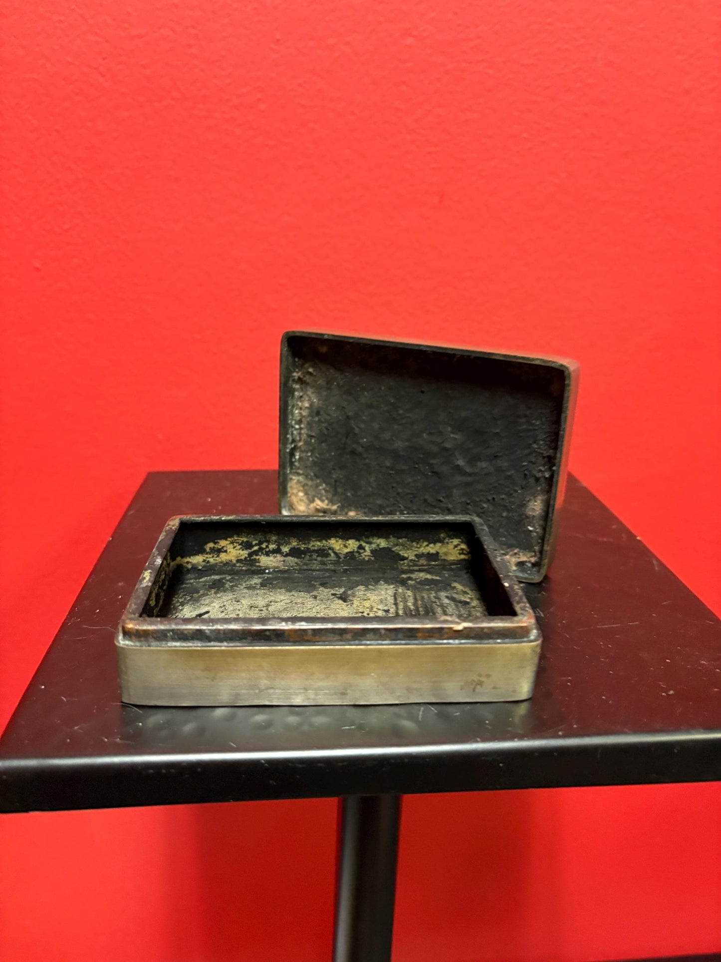 Antique heavy Asian box 4 x 3 x 1 thick great patina good value signed