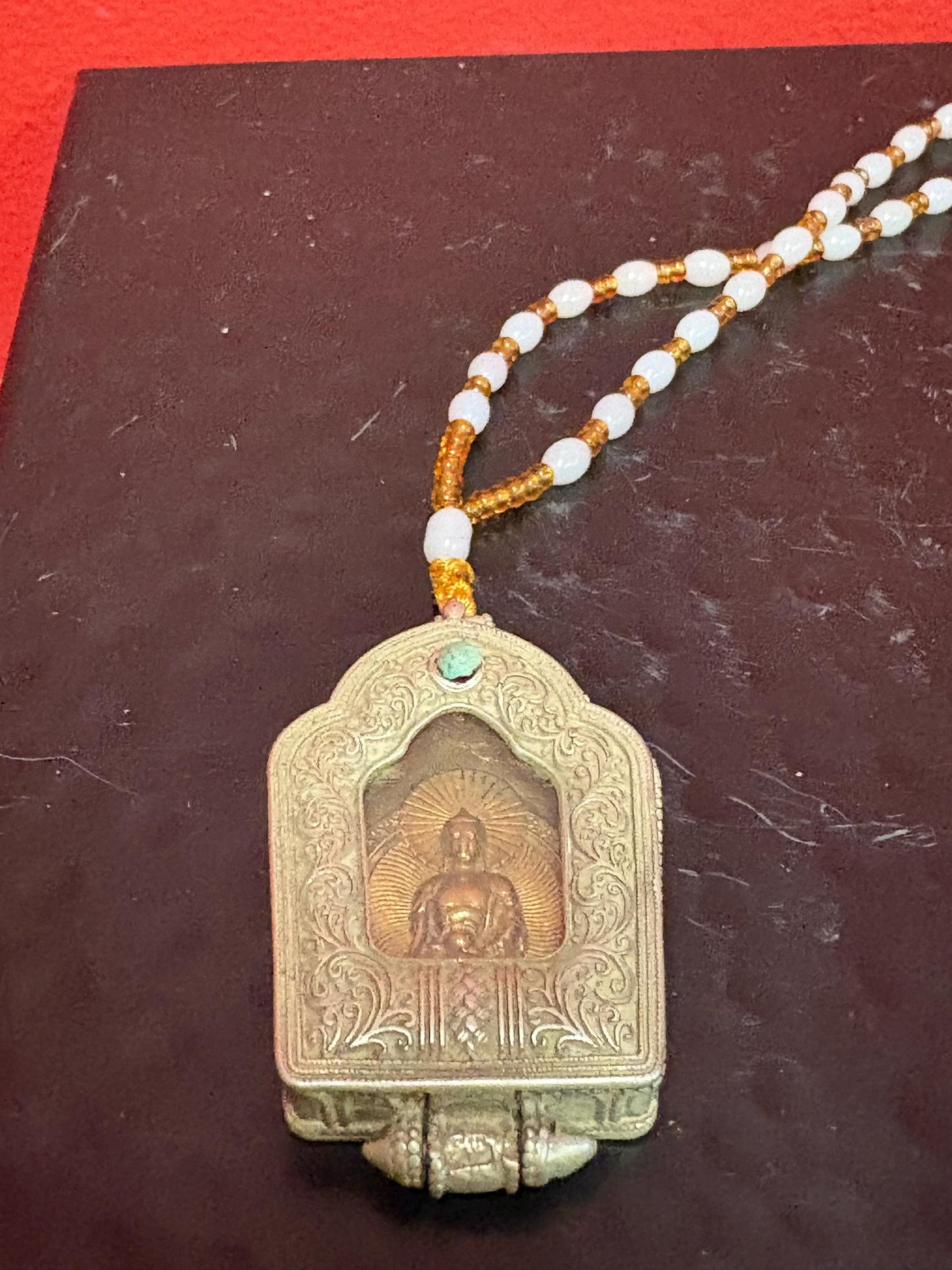 Absolutely stunning Tibetan silver miniature shrine pendant - 2 inches long with a pink Jade necklace approx 26 inch long necklace wow