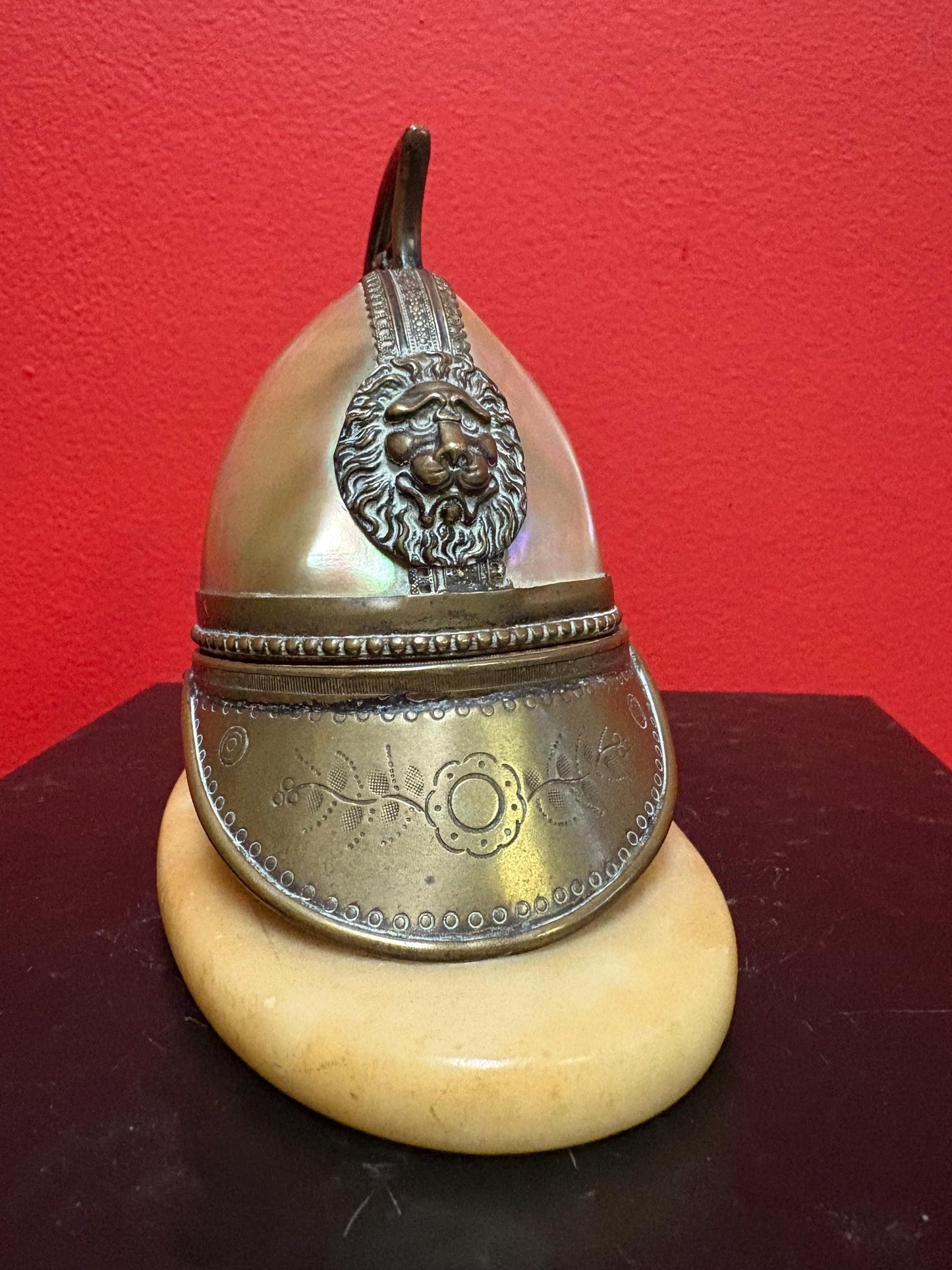 Magnificent antique French mens military pocket watch holder in the shape of a helmet with brass onyx and abalone in mint condition 5 x 5