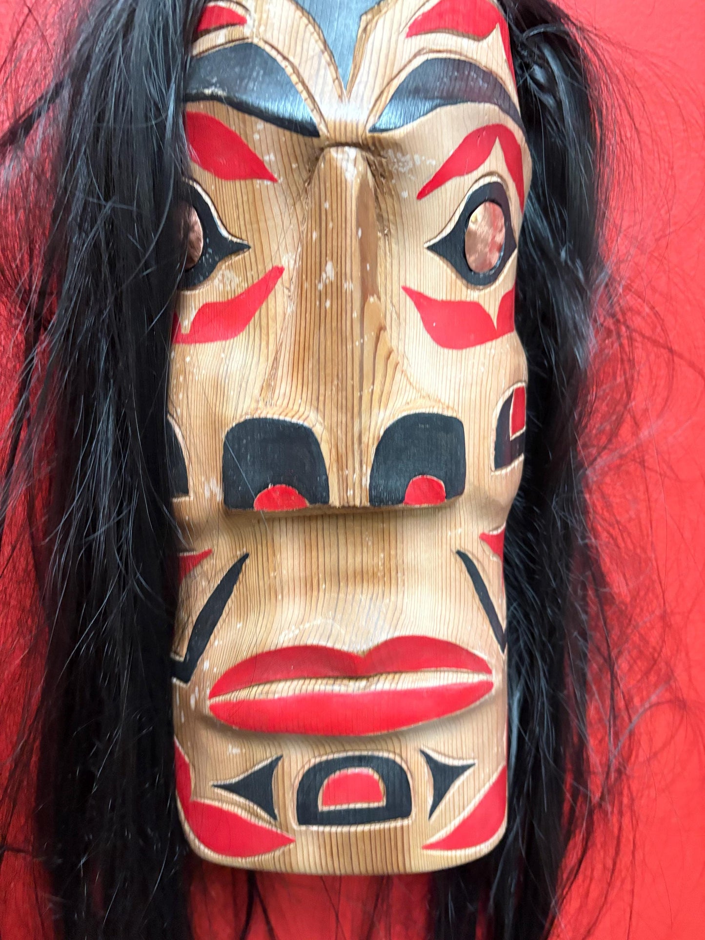 Stunning 13 x 5 inch Brad Joseph Junior indigenous native pacific north Northwest Coast mask Great eyes and so much hair