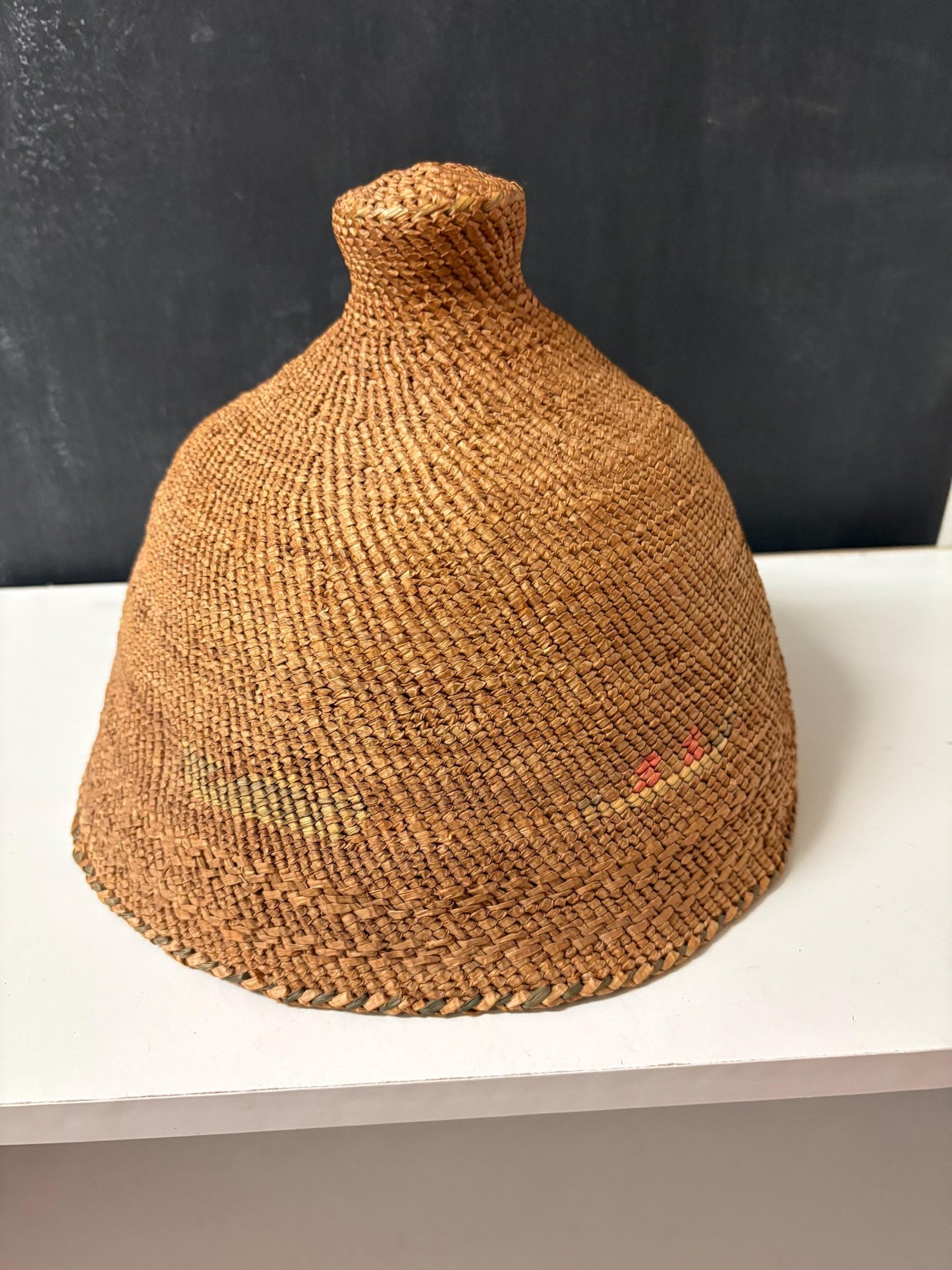 Very rare antique 10 x 8 high indigenous first nations NOOTKA womens whaling hat faded on outside great piece of Canadian history