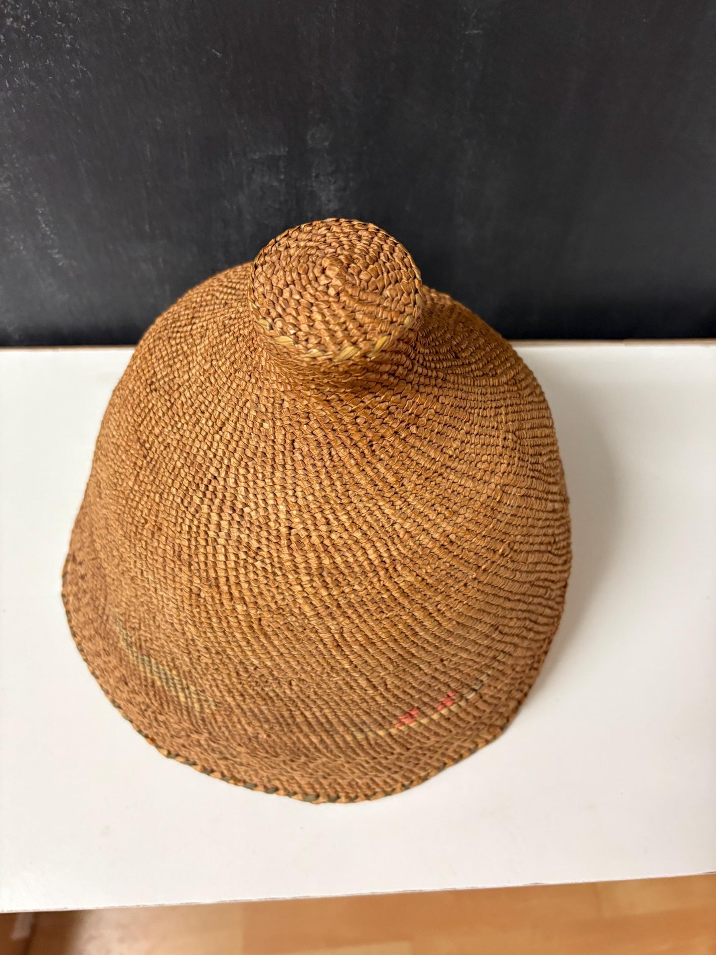 Very rare antique 10 x 8 high indigenous first nations NOOTKA womens whaling hat faded on outside great piece of Canadian history