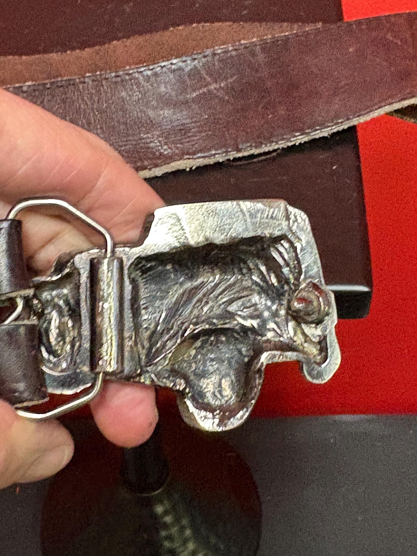 Very cool American Jeep 3 inch belt buckle in heavy metal with approximately 40 inch long vintage leather belt