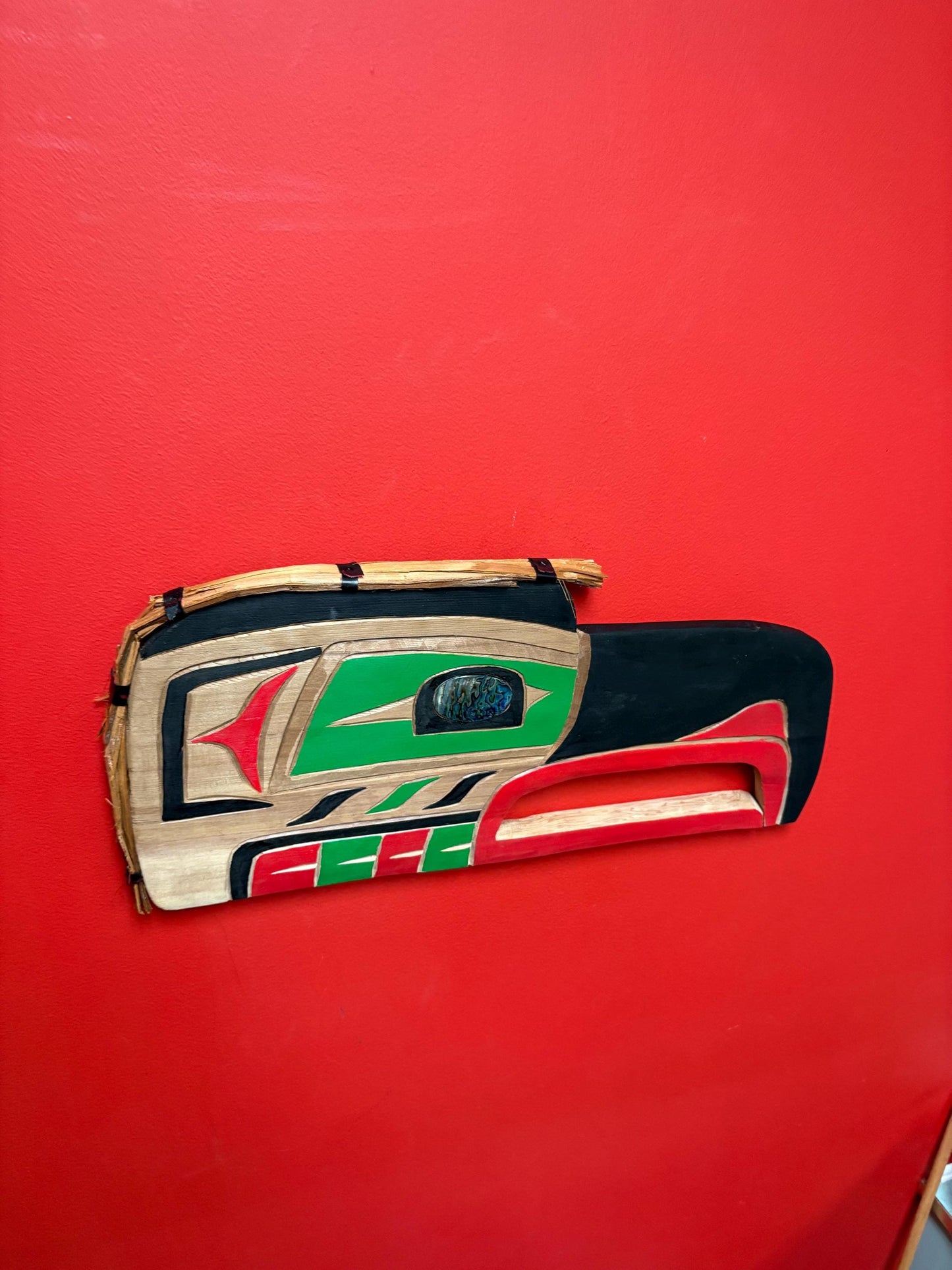 Stunning indigenous first nation Pacific Northwest coast signed Bradley Joseph Jr Raven plaque with stunning abalone eye - 19 x 9 1/2 high
