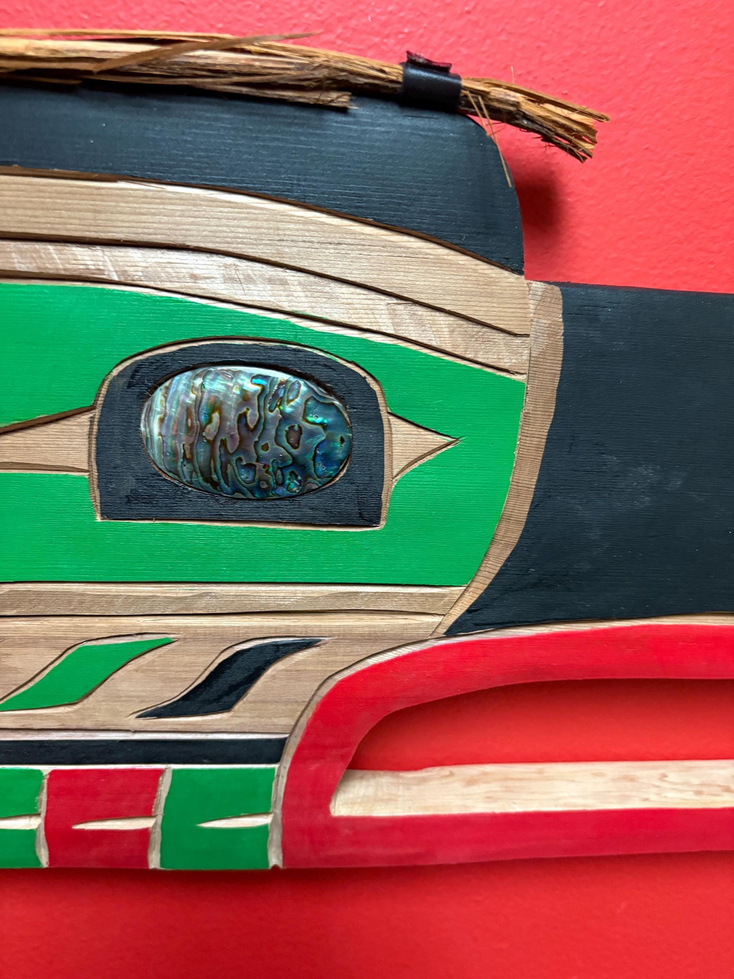 Stunning indigenous first nation Pacific Northwest coast signed Bradley Joseph Jr Raven plaque with stunning abalone eye - 19 x 9 1/2 high
