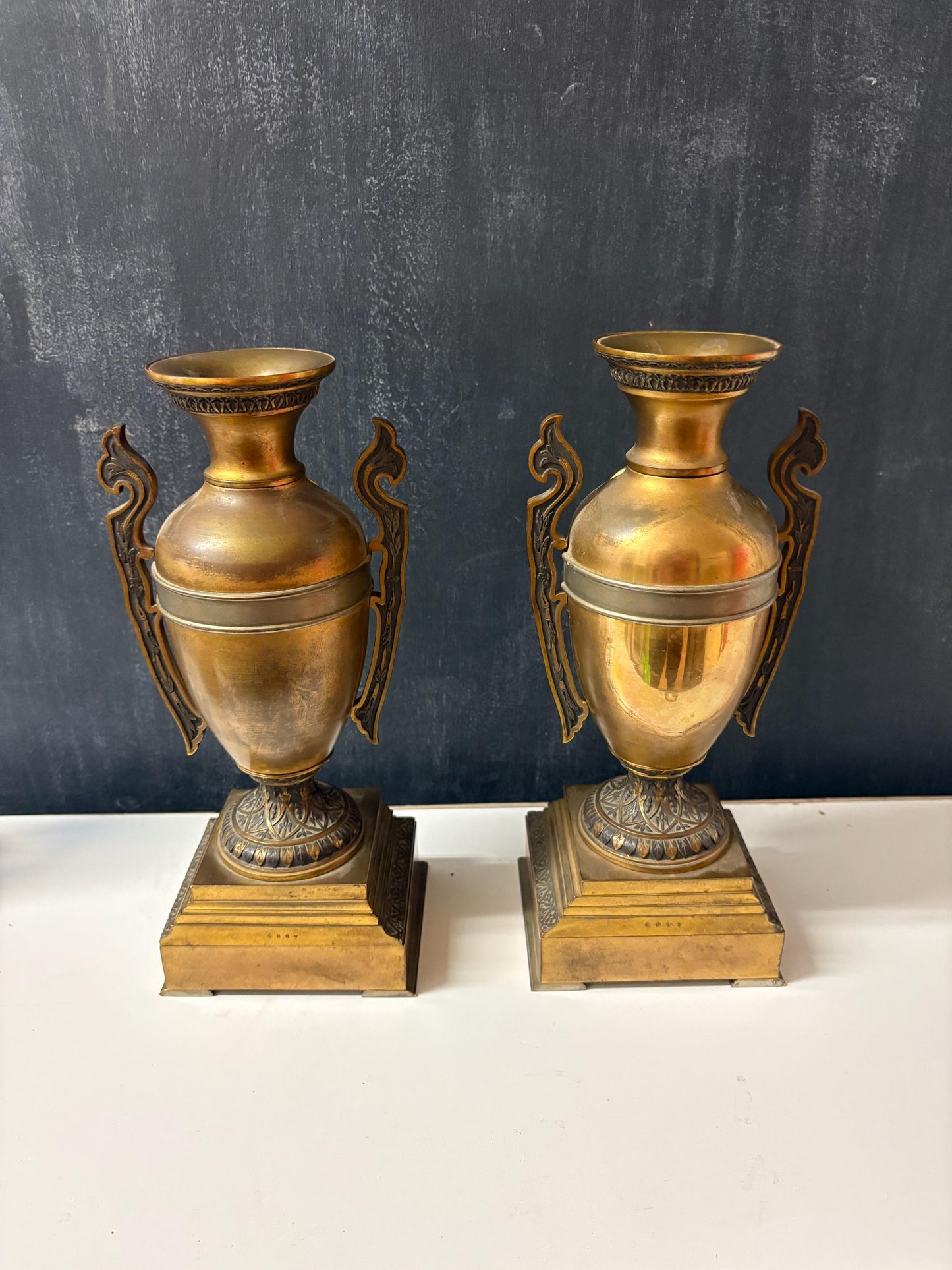 Stunning antique Japanese bronze candle holder urns magical patina 11 inches high perfection Meiji period wow - B