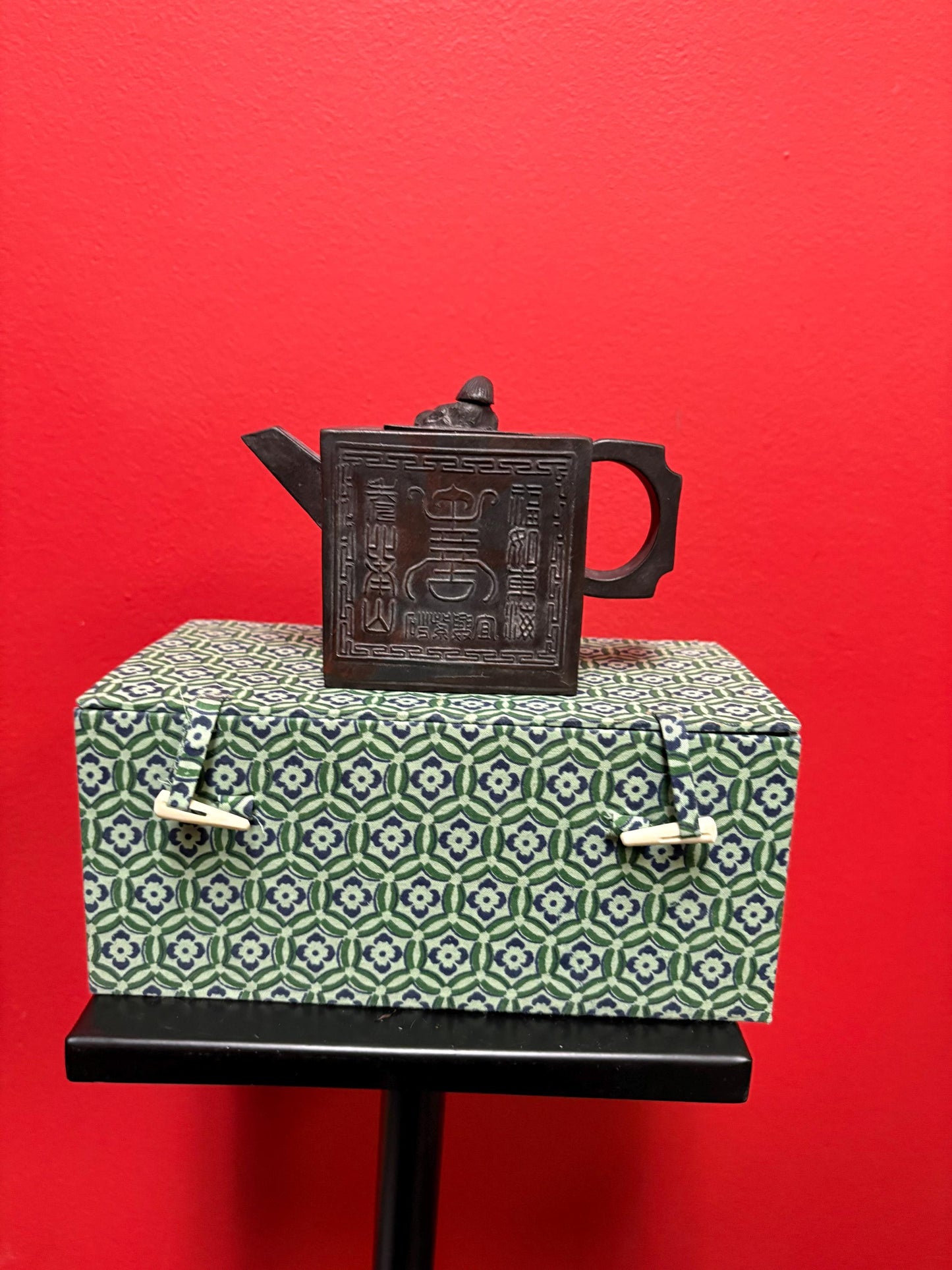 Beautiful 5 inch long by 3.5 high Chinese signed purple clay yixing teapot in perfect condition in box signed three times - B