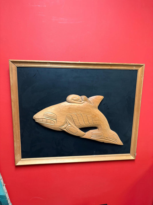 Fabulous unsigned indigenous First Nations north West Coast uniquely framed cedar killer whale and human plaque  30 by 25 inches impressive