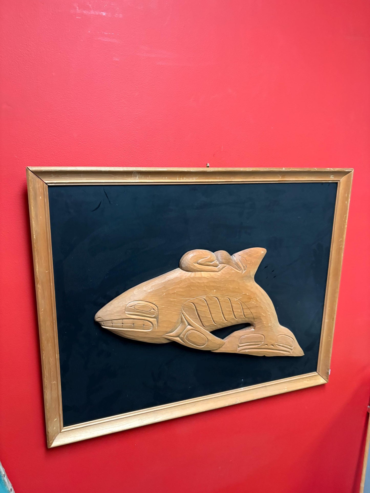 Fabulous unsigned indigenous First Nations north West Coast uniquely framed cedar killer whale and human plaque  30 by 25 inches impressive