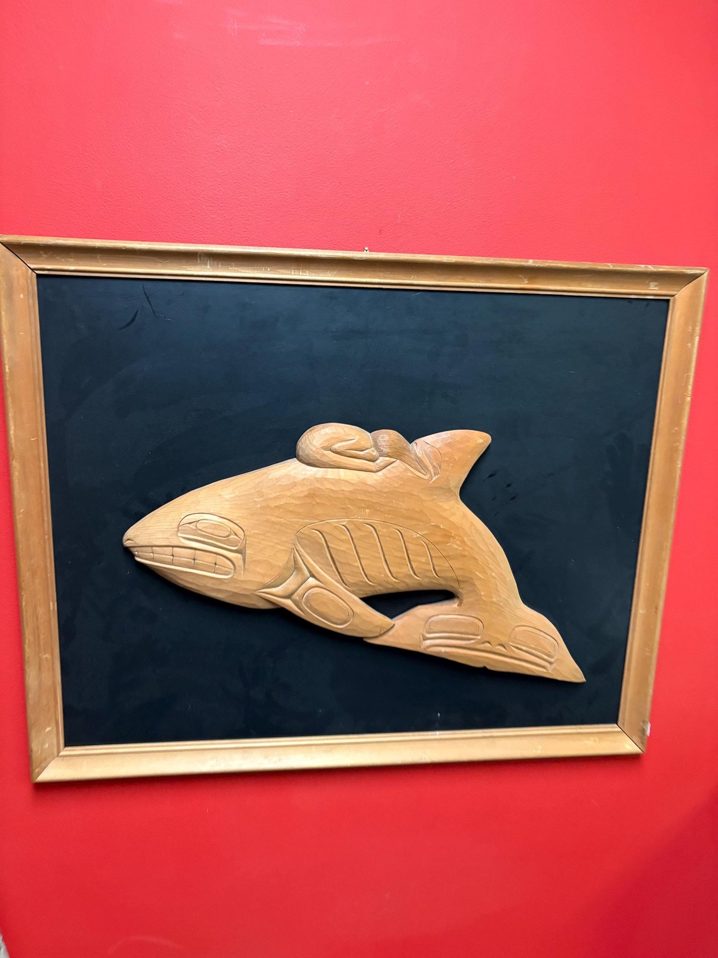 Fabulous unsigned indigenous First Nations north West Coast uniquely framed cedar killer whale and human plaque 30 by 25 inches impressive