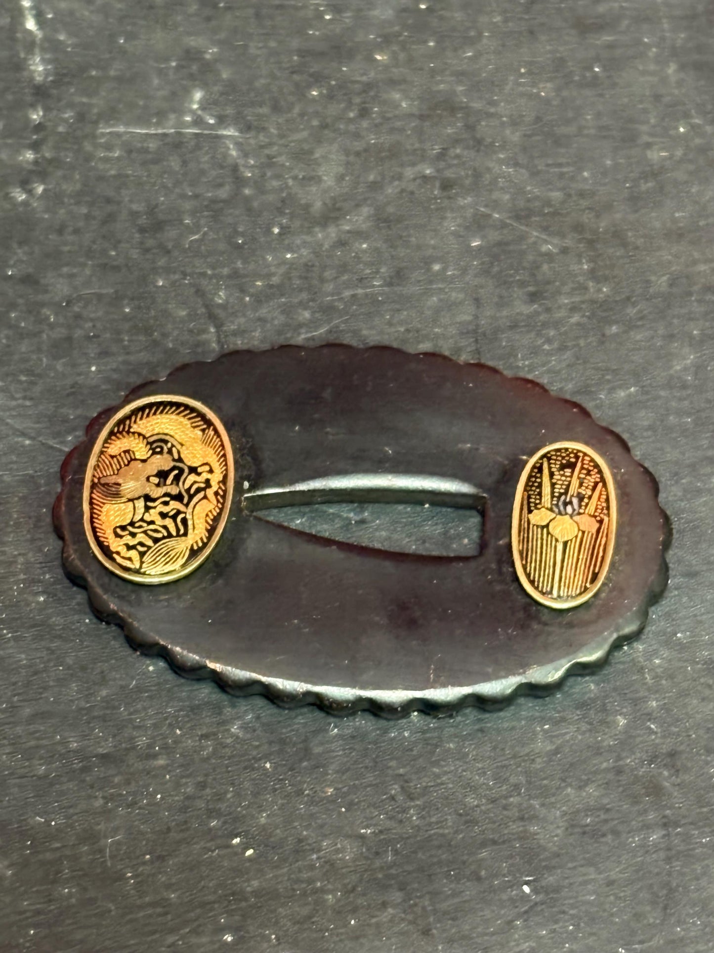 Incredible 2 inch Japanese katana TSUBA - bronze and gilt - fabulous detail wow Japanese samurai tsuba