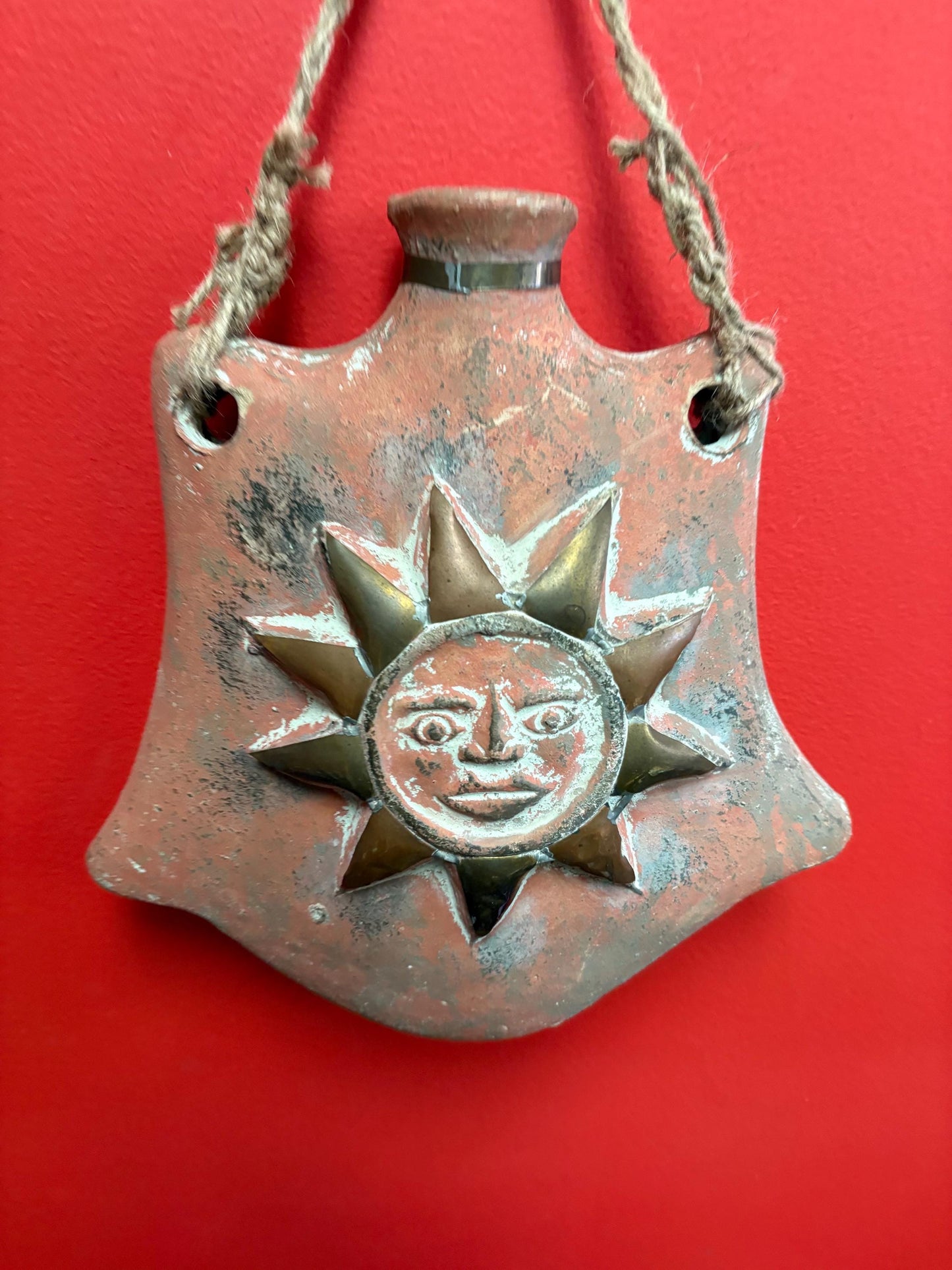Stunning 17 x 11 wide vintage Mexican wall vessel vase sunshine happy terra-cotta beauty great for in or outside perfect gift