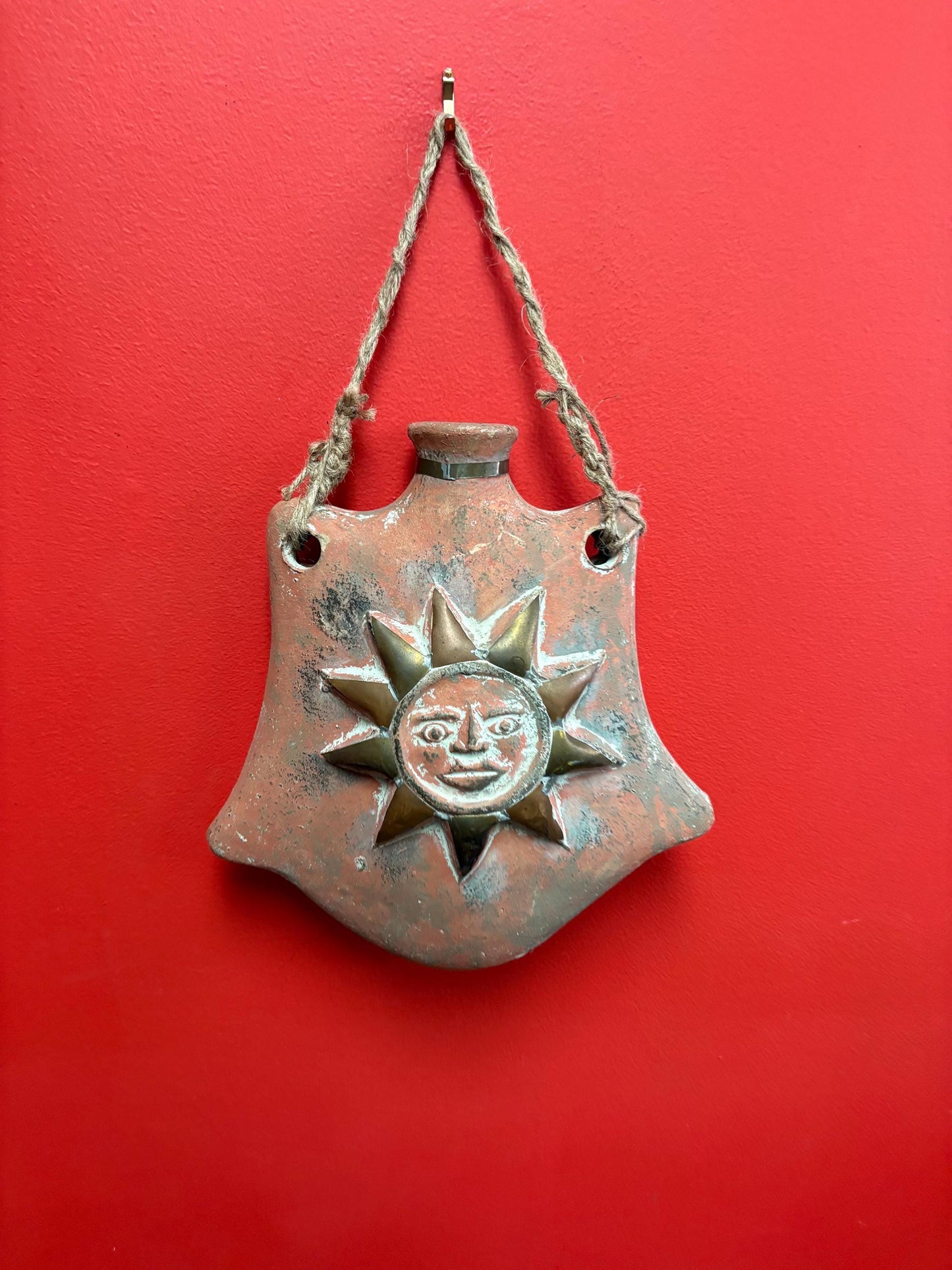 Stunning 17 x 11 wide vintage Mexican wall vessel vase sunshine happy terra-cotta beauty great for in or outside perfect gift