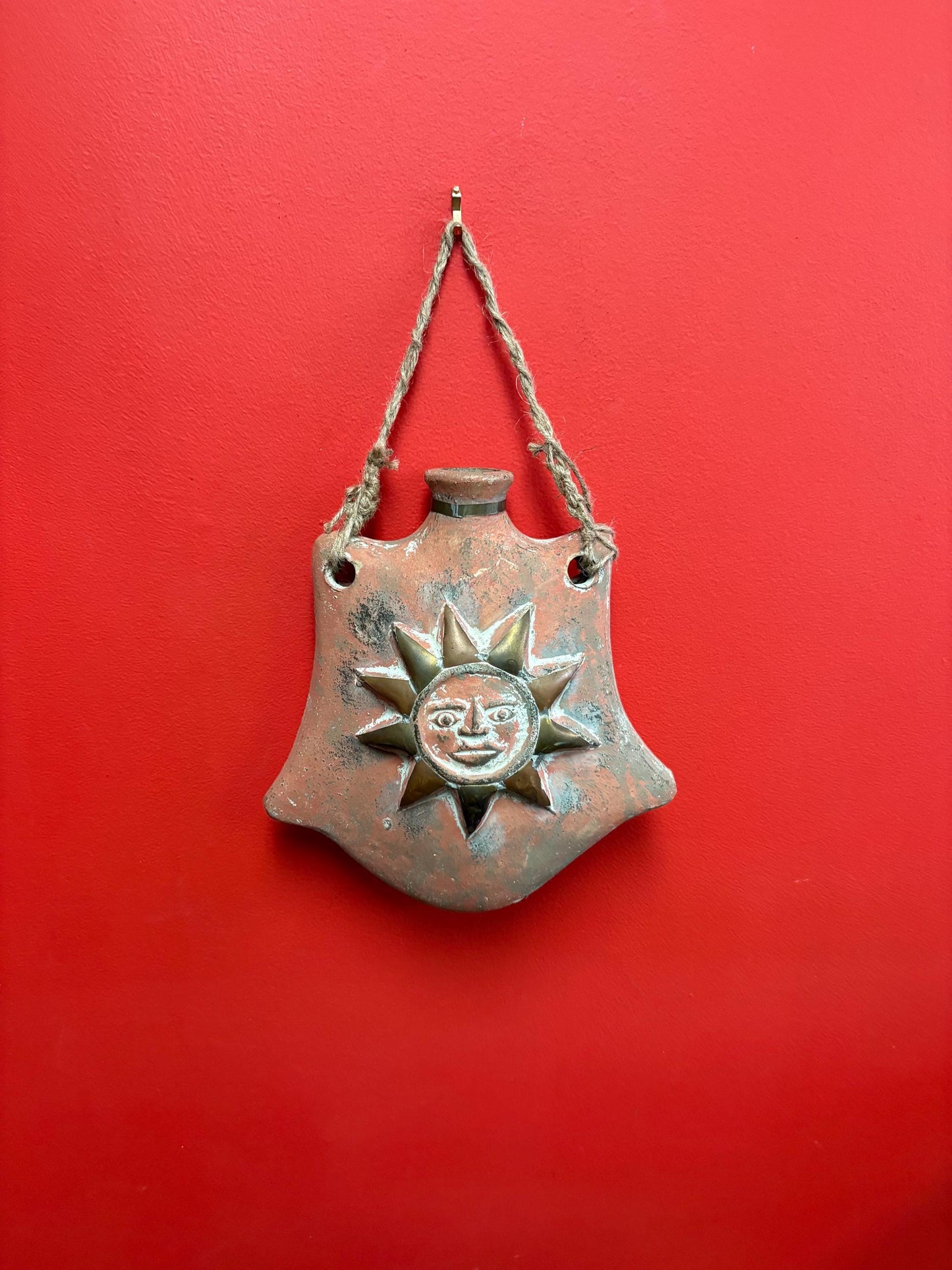 Stunning 17 x 11 wide vintage Mexican wall vessel vase sunshine happy terra-cotta beauty great for in or outside perfect gift