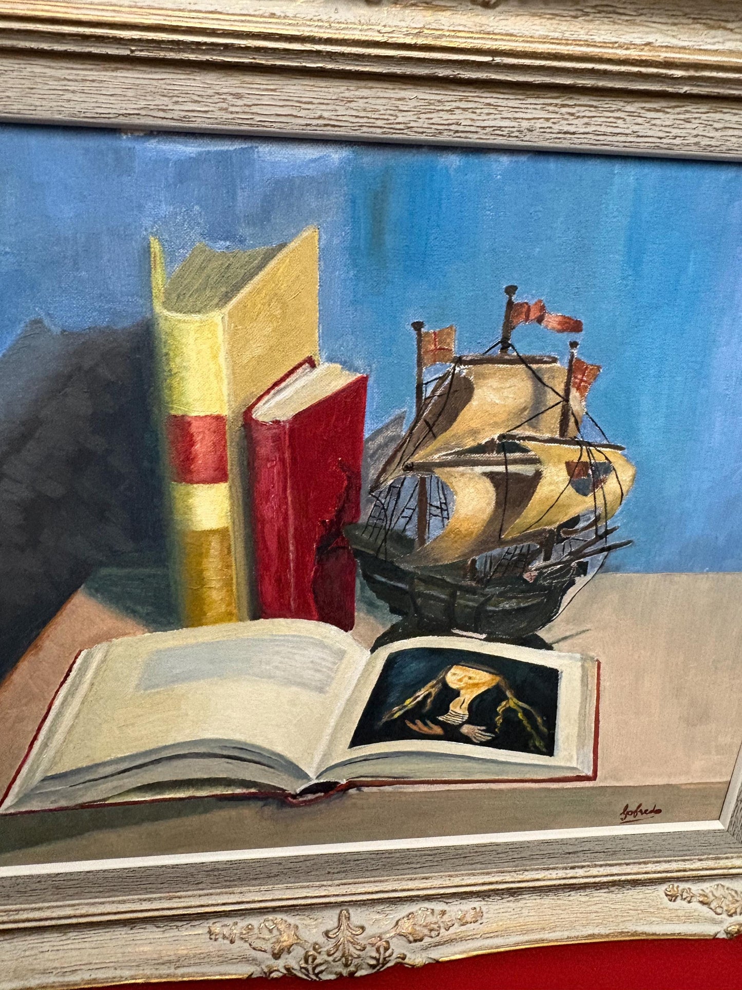 26 x 22 acrylic on board still life painting of Books and ship signed and approx 1950s wonderful frame great imagery cabin or office