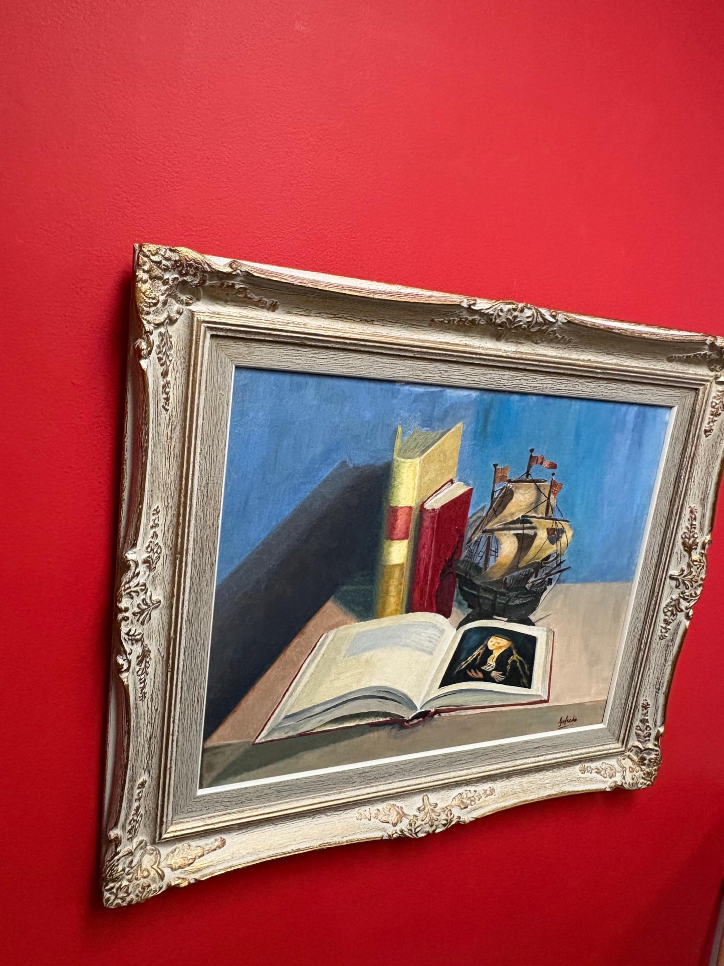 26 x 22 acrylic on board still life painting of Books and ship signed and approx 1950s wonderful frame great imagery cabin or office