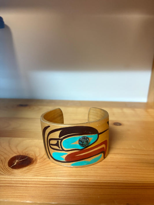 Fabulous indigenous first nation Pacific Northwest Coast 3 x 2 high signed in detailed Raven bracelet Cuff with abalone eye  cedar beauty