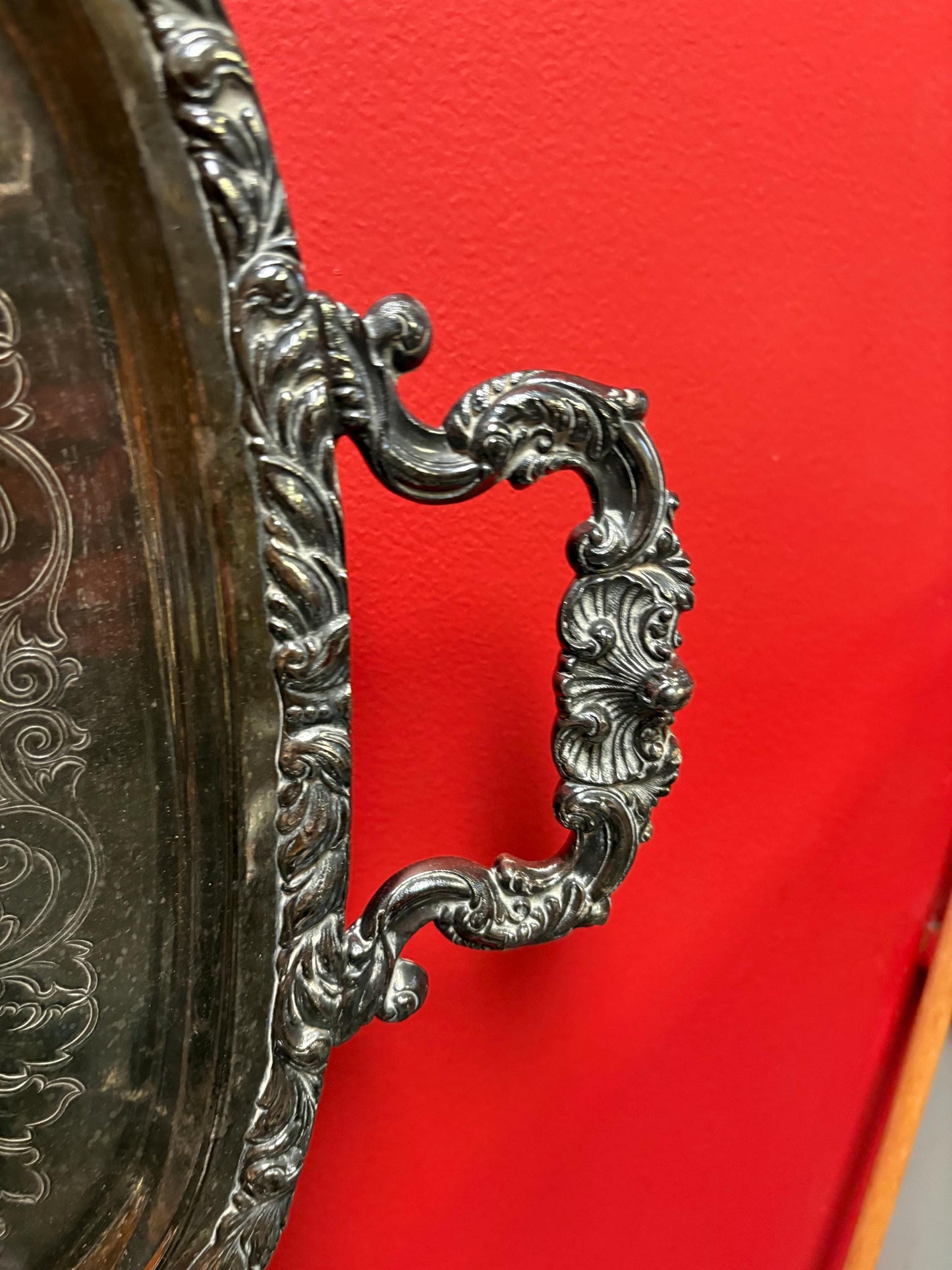 Fabulous 26 x 16 antique silver plated tray with lovely handles great condition needs a light polish wow